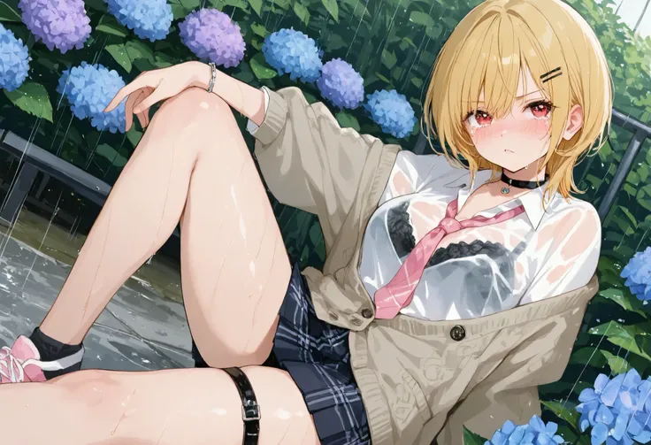 (masterpiece , top quality , exquisite,8k, absurd),(748cmstyle),pastel,One woman looking up,sitting on the ground, exercise sitting,One leg stretched out,Place your arms on your knees,(side angle),unbuttoned shirt,Wet shirt,black bra, pink tie ,black minis...