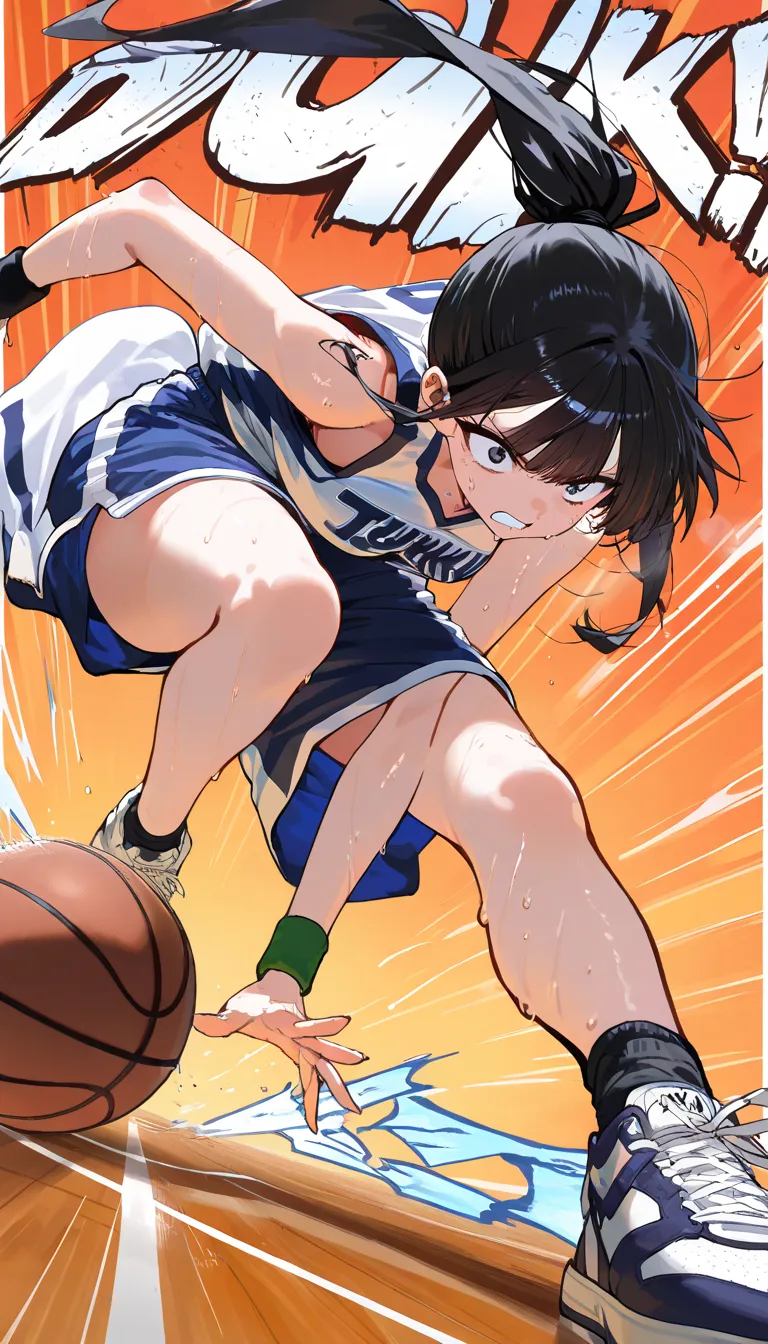 (beautiful girl : 1.3),1 girl,(basketballのユニフォーム,wristband,sneakers,basketball),black hair,ponytail,anger, abusive,sweat,basketballゴール,jump,Dunk Shot,simple background you're looking at,active,dynamic angle,Comic speech bubble,sound effect, lines ,masterpiece,Highest Quality,Rich Contrast,high image quality,8k,High Definition CG Unit Wallpaper,texture,unbelievably absurd, RAW photos ,deep border 1 .2,very detailed from below si