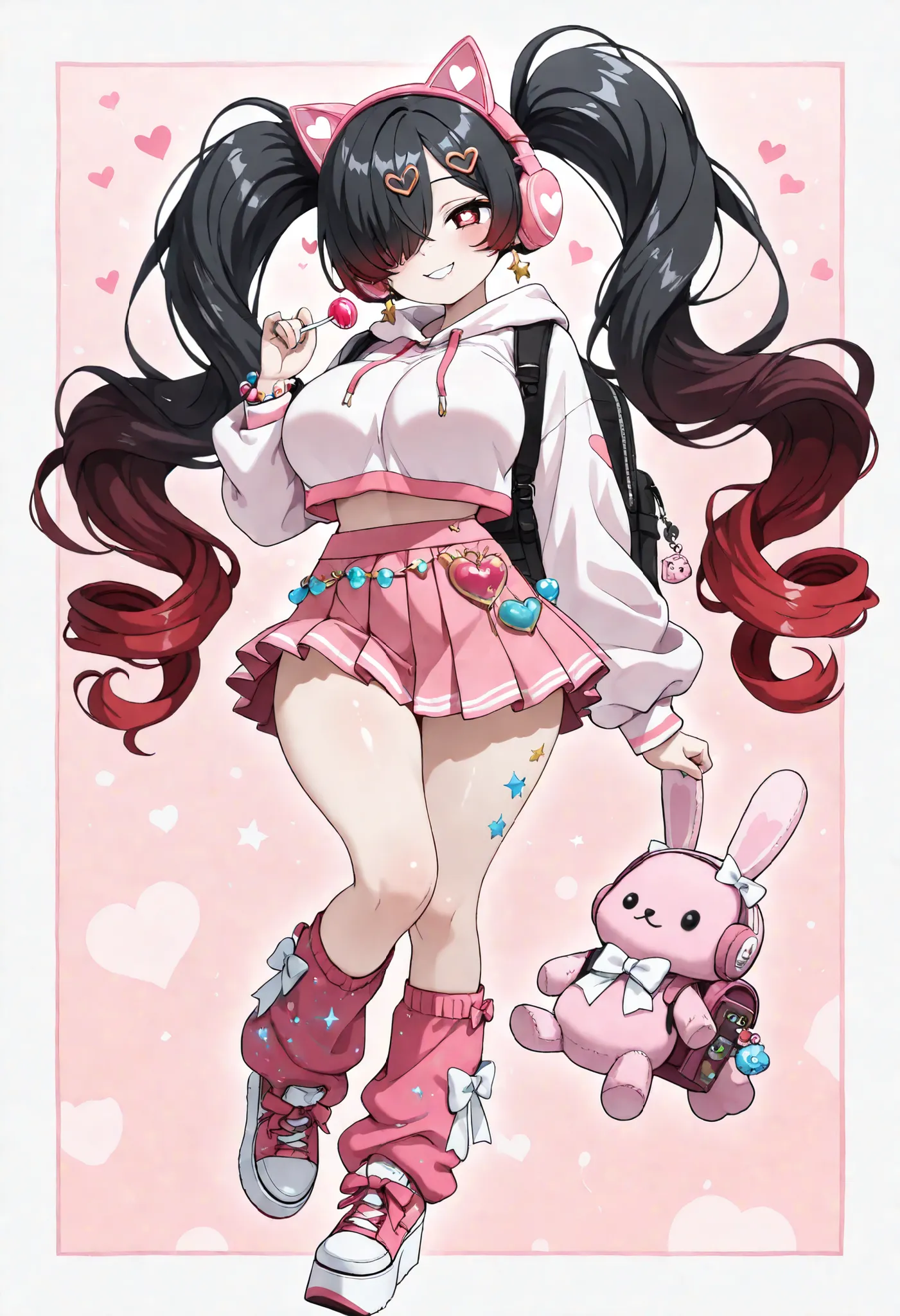 best quality,masterpiece, , 1 girl, Kuroki Monika, red eyes, gradient hair, black hair, red hair, long hair, asymmetrical hairline, hair over right eye, ((large breasts)), (petite but curvy), very cute, lovely, (High twin tails with curled ends), (petite d...