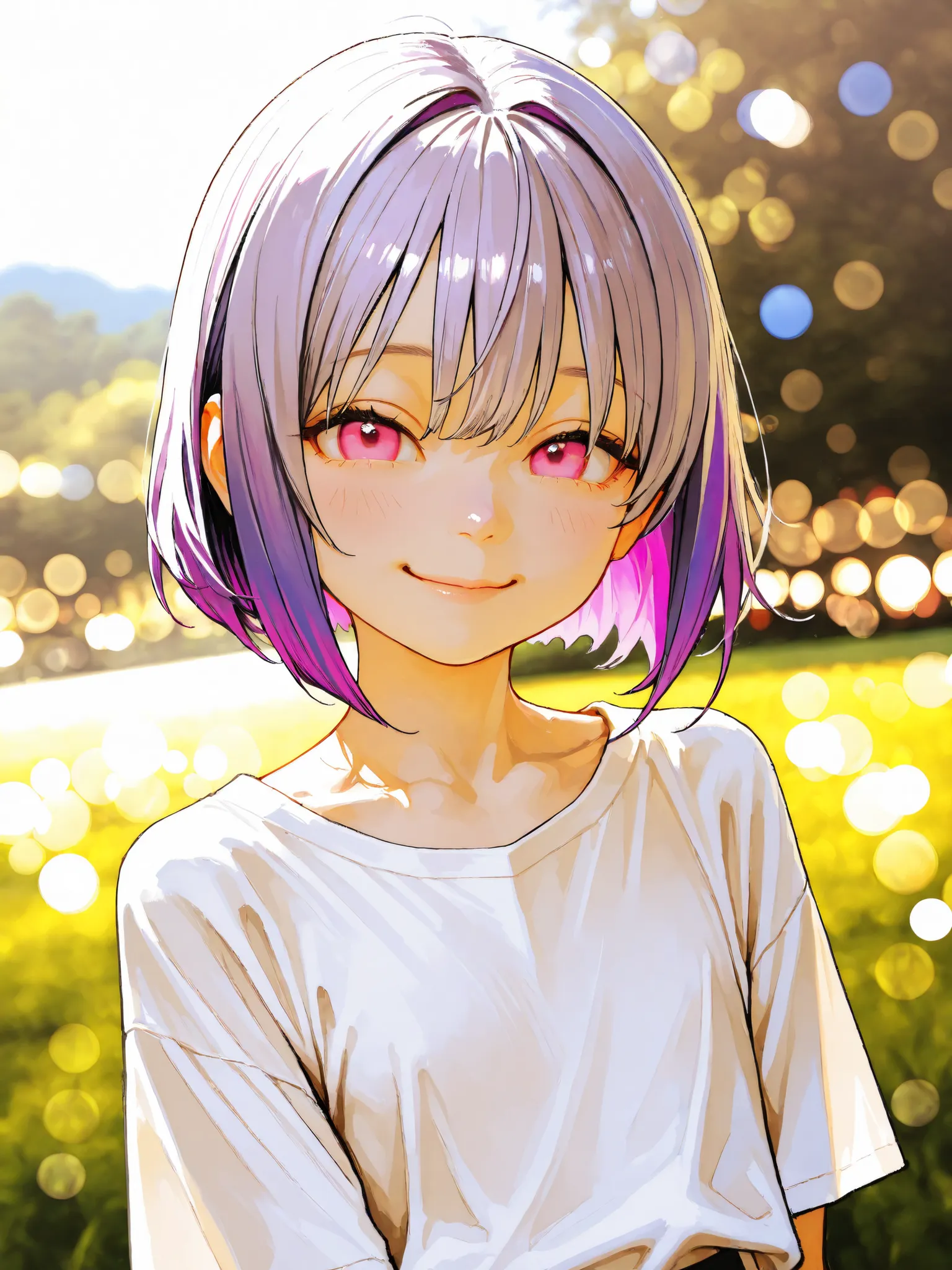 short girl, 1 girl,is young, flat chested,realisticな外観, big pink eyes, short bob、Gradation color purple hair and gray hair、plain shirt、I can see my chest、sit、kind smile、Outdoors、細部にこだわったrealisticな影、movie stills, real、Highest Quality, realistic, 4K Renderi...