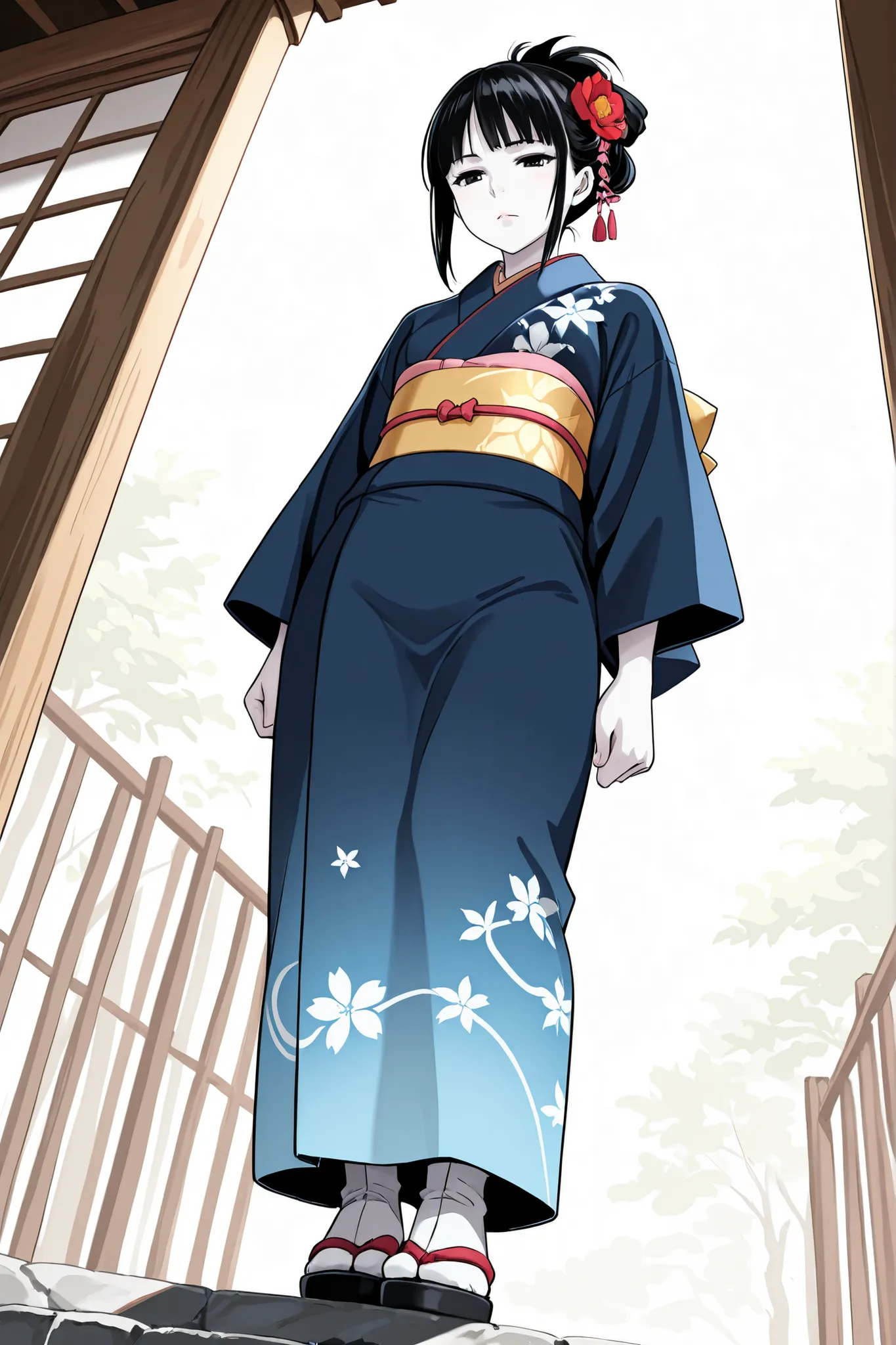 1 girl, solo,beautiful japanese girl,adult,18 years old,black eyes,black hair,masterpiece,general,highres, ultra-detailed,very aesthetic,best quality ,best hands,best eyes,perfect anatomy,anime coloring,easynegative,white skin,BREAK,Edo period Japanese hai...