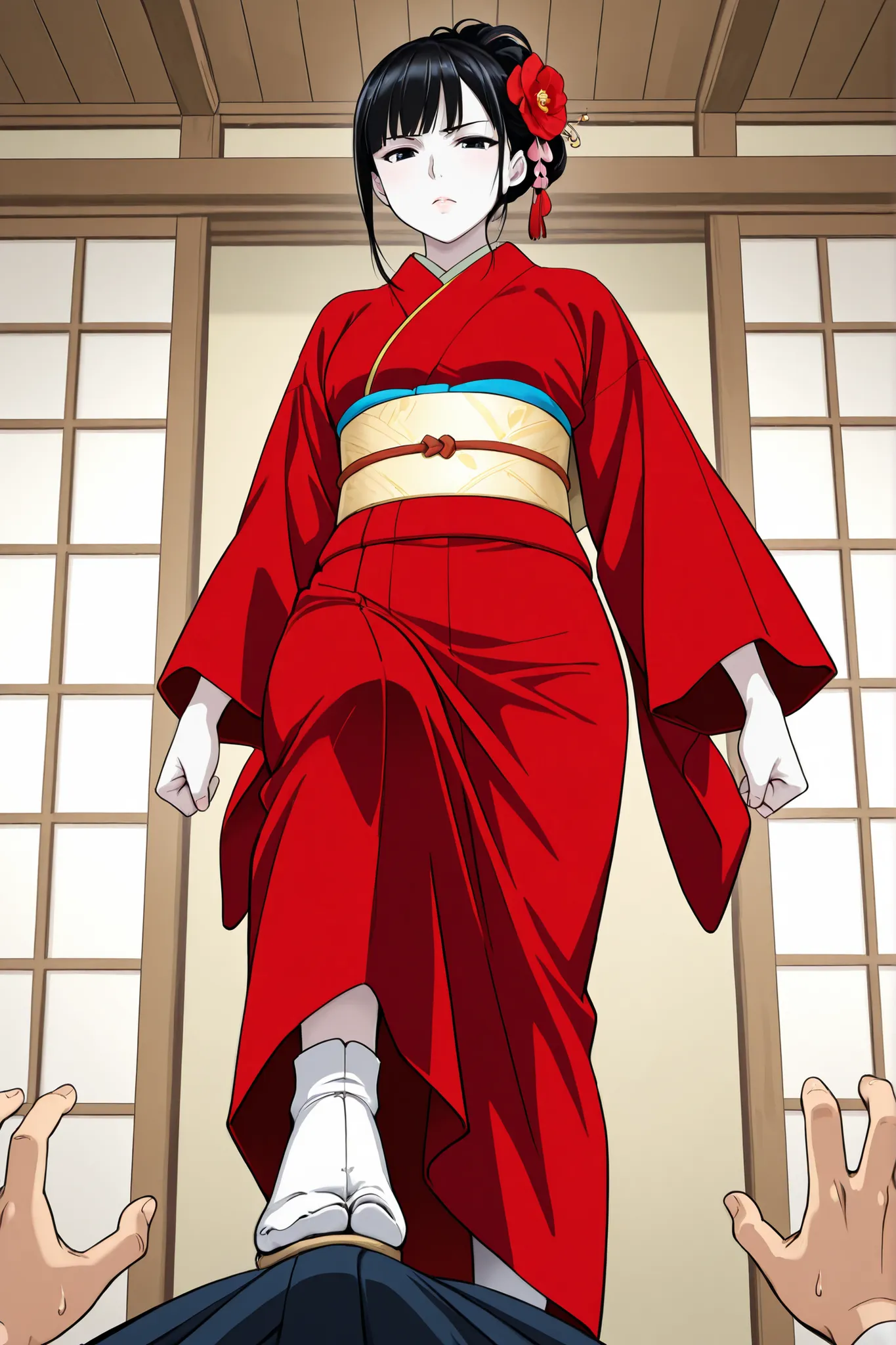 1 girl, solo,beautiful japanese girl,adult,18 years old,black eyes,black hair,masterpiece,general,highres, ultra-detailed,very aesthetic,best quality ,best hands,best eyes,perfect anatomy,anime coloring,easynegative,white skin,BREAK,Edo period Japanese hai...