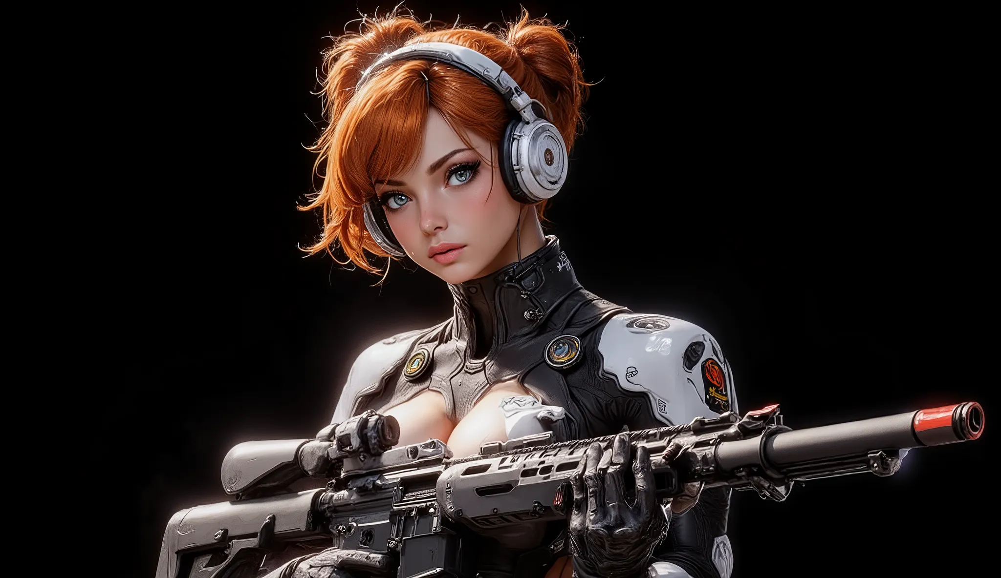 Side shot of the bust from head to chest of a 20 year old woman, high quality, 4k, she is a futuristic space marine, cinematic fiction, Close-up of the face framed, side frontal, very pretty, freckled, orange-redhead with very long hair and two buns one on...