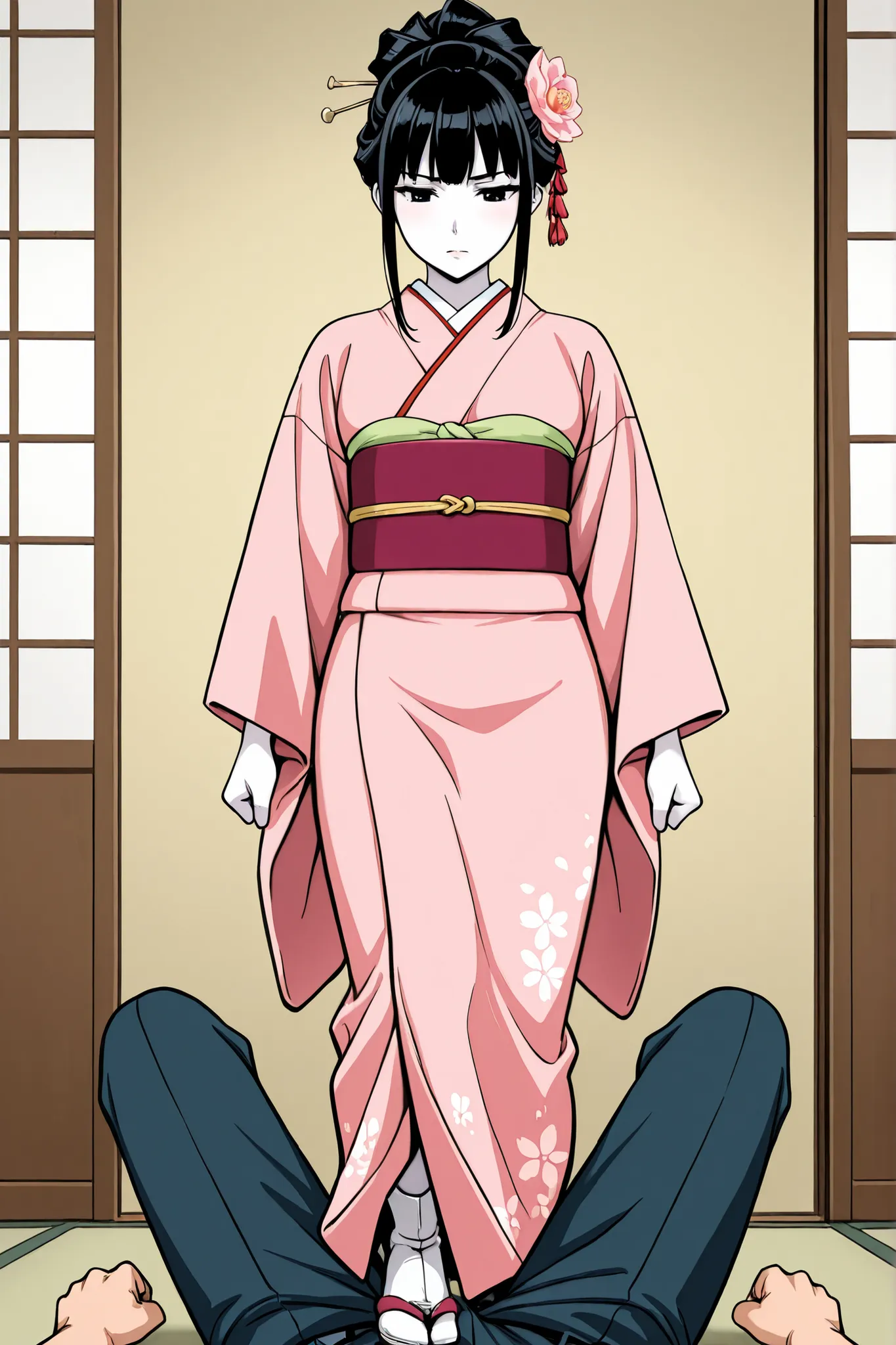 1 girl, solo,beautiful japanese girl,adult,18 years old,black eyes,black hair,masterpiece,general,highres, ultra-detailed,very aesthetic,best quality ,best hands,best eyes,perfect anatomy,anime coloring,easynegative,white skin,BREAK,Edo period Japanese hai...