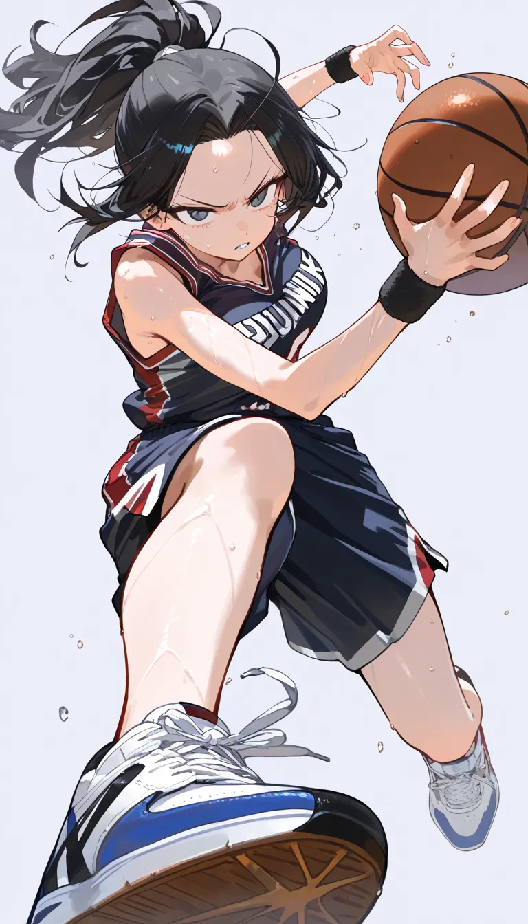 (beautiful girl : 1.3),1 girl,(basketballのユニフォーム,wristband,sneakers,basketball),black hair,ponytail,Forehead,anger, abusive,sweat,jump,Dunk Shot, simple color background ,active,dynamic angle,masterpiece,Highest Quality,Rich Contrast,high image quality,8k,High Definition CG Unit Wallpaper,texture,unbelievably absurd, RAW photos ,deep border 1 .2,very detailed from below si