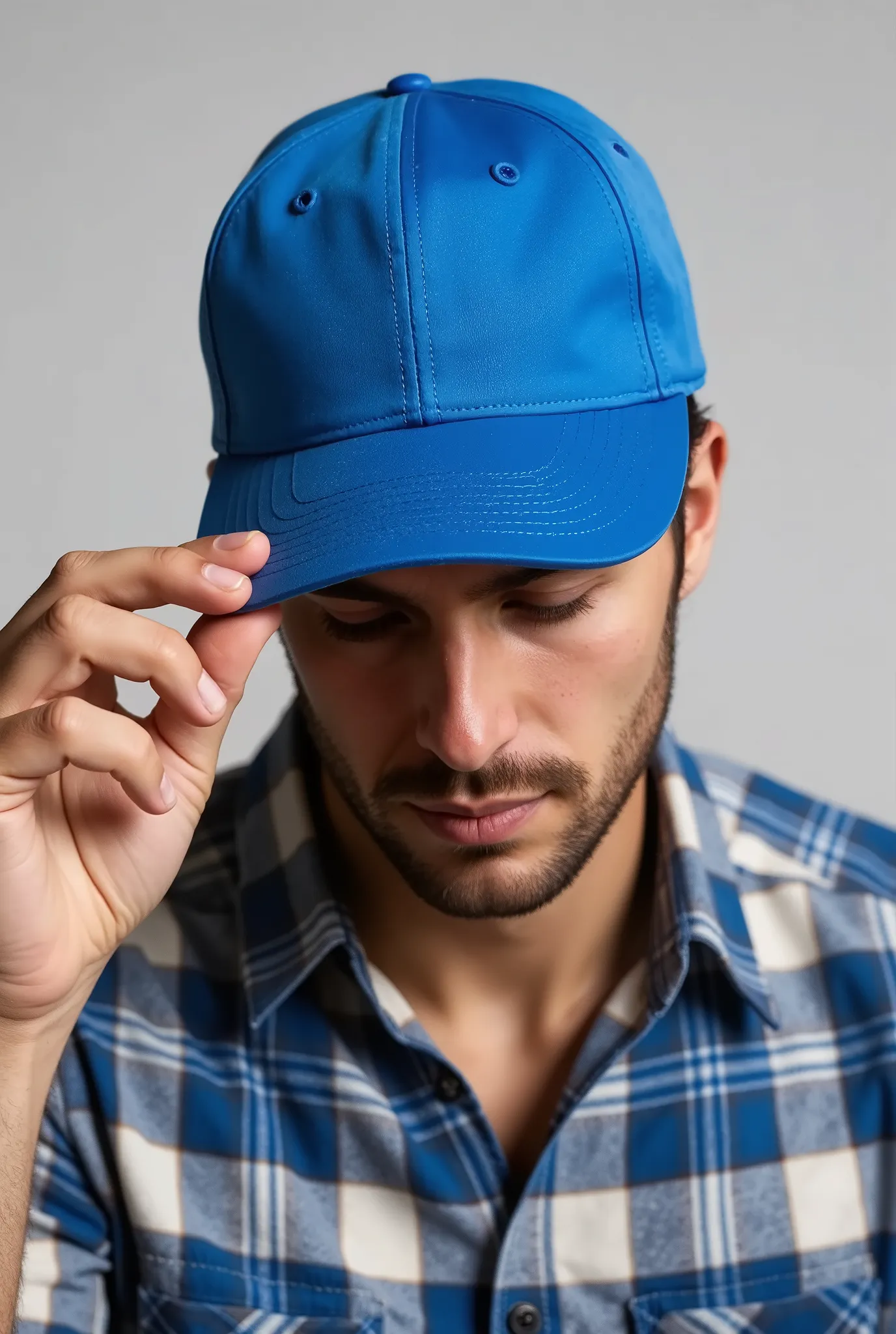 Close-up of a man wearing a simple blue cap and a plaid shirt, tilting the head slightly downward, while holding the cap brim with one hand.  The background is simple and light gray . Your expression is relaxed and subtle, and his face is partially obscure...