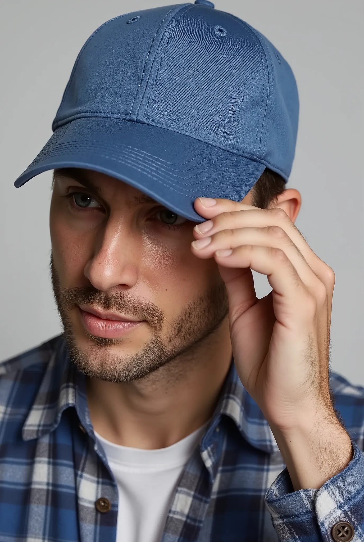 Close-up of a man wearing a simple blue cap and a plaid shirt, tilting the head slightly downward, while holding the cap brim with one hand.  The background is simple and light gray . Your expression is relaxed and subtle, and his face is partially obscure...