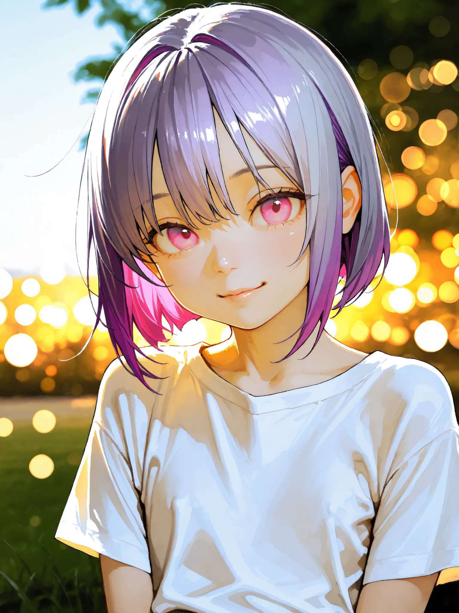 short girl, 1 girl,is young, flat chested,realisticな外観, big pink eyes, short bob、Gradation color purple hair and gray hair、plain shirt、I can see my chest、sit、She has a lewd appearance.、Outdoors、細部にこだわったrealisticな影、movie stills, real、Highest Quality, reali...