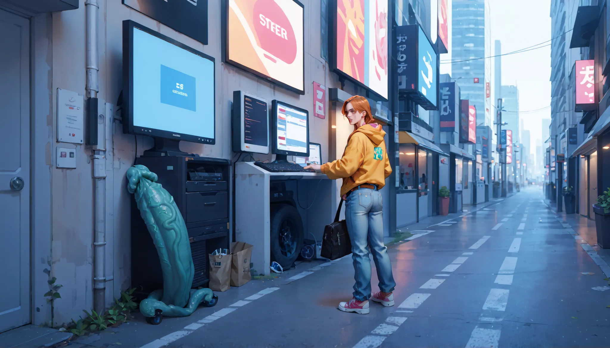 Gigantic dildo leaps out from a street monitor.