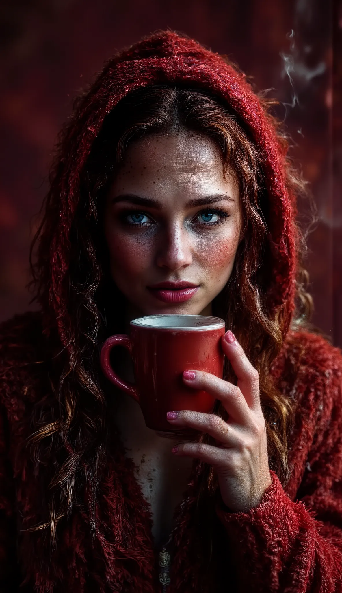 Really epic realism portrait and very low coloured photography, 25 years old pretty sexy sweaty happily smile woman holding cup of coffee red color and white dots with more rising smoke and she wants to smell the cup. Cup near the mount, shadows on face. L...