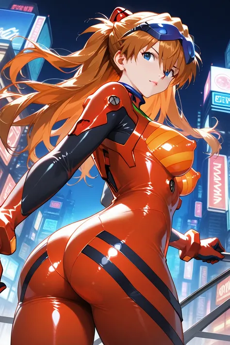 Asuka, Soryu Asuka Langley from evangelion, official style, masterpiece, best quality, amazing quality, hyper-detailed, realism, realistic, solo, 1 girl, very cute face, orange hair, long hair, bangs, blue eyes, shiny hair, slender, (dynamic pose, cowboy shot:1.2), red cheek, side revealed boob, large breasts, large butt, looking viewer, (shiny skin, red suit, glittering mirror bodysuit, high-tech design, glowing line, blue goggles on head), dynamic angle, sexy pose, view from behind, sensual expression, futuristic big city, night city, cyberpunk, nipple bulge
