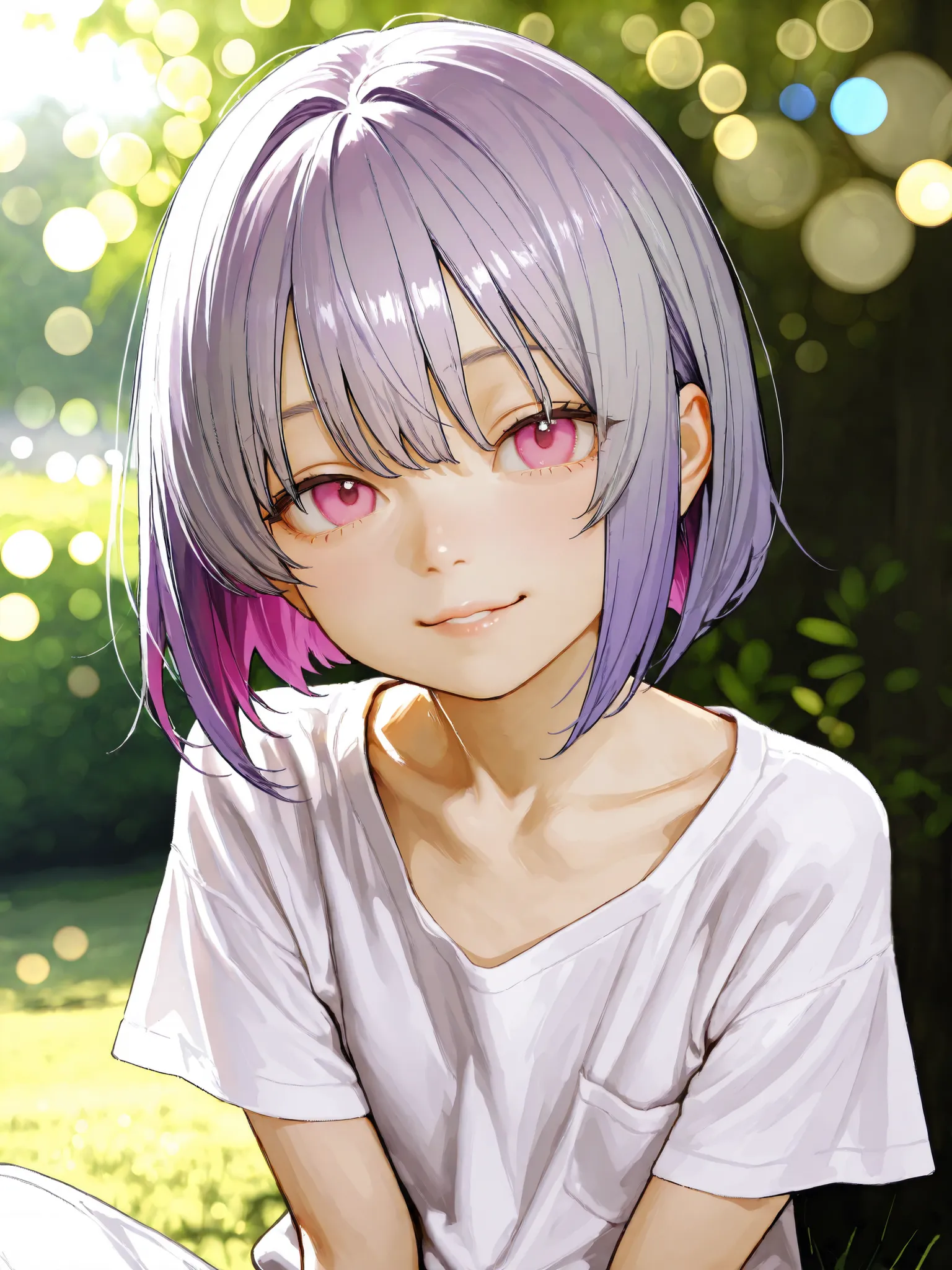 short girl, 1 girl,is young, flat chested,realisticな外観, big pink eyes, short bob、Gradation color purple hair and gray hair、plain shirt、I can see my chest、隙間からI can see my chest、sit、She has a lewd appearance.、Outdoors、細部にこだわったrealisticな影、movie stills, real...