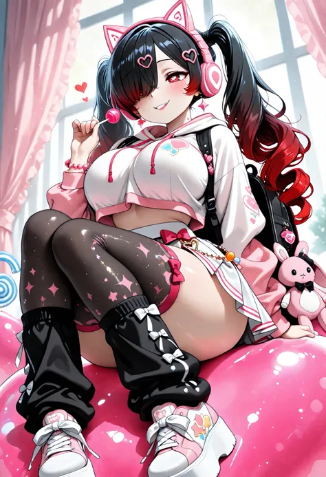 best quality,masterpiece, , 1 girl, Kuroki Monika, red eyes, gradient hair, black hair, red hair, long hair, asymmetrical hairline, hair over right eye, ((large breasts)), (petite but curvy), very cute, lovely, (High twin tails with curled ends), (petite d...