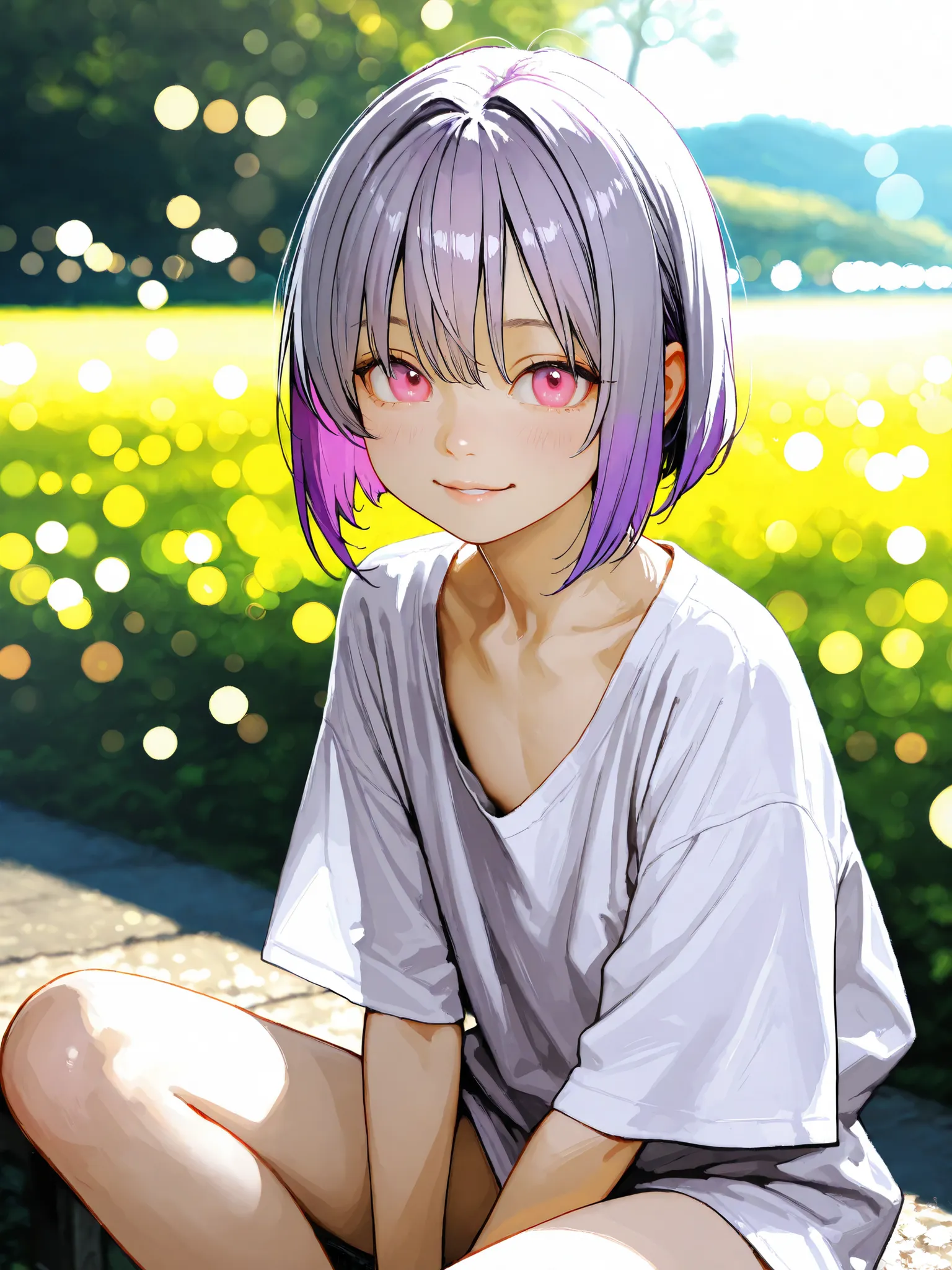 short girl, 1 girl,is young, flat chested,realisticな外観, big pink eyes, short bob、Gradation color purple hair and gray hair、plain shirt、I can see my chest、I can see my chest、sit、She has a lewd appearance.、Outdoors、細部にこだわったrealisticな影、movie stills, real、Hig...