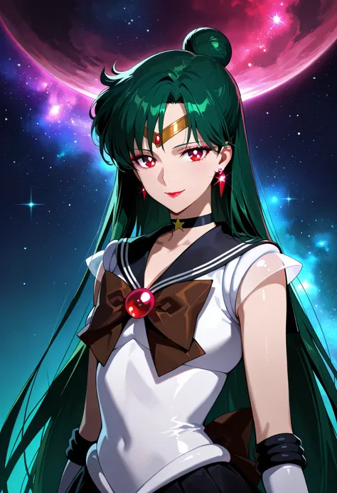 masterpiece, amazing quality, best quality, clear skin, ultra-detailed-eyes, soft skin, very awa, very as2, soft body, official art, setsuna meiou, long hair, red eyes, very long hair, green hair, hair bun, single hair bun, makeup, lipstick,skirt, gloves, ...