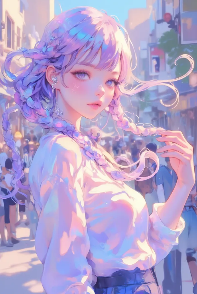  best quality,  photorealistic, 1peopleの女の子, woman,( skidentation ),   medium breast, ( BRIGHT), ( professional lighting, Bokeh), (street), people々, crowd,  braided bangs , ( blouse:1.5), (portrait:0.8), nice, bloom,  floating hair, ( dynamic pose :0.6) ,  soft writing, 