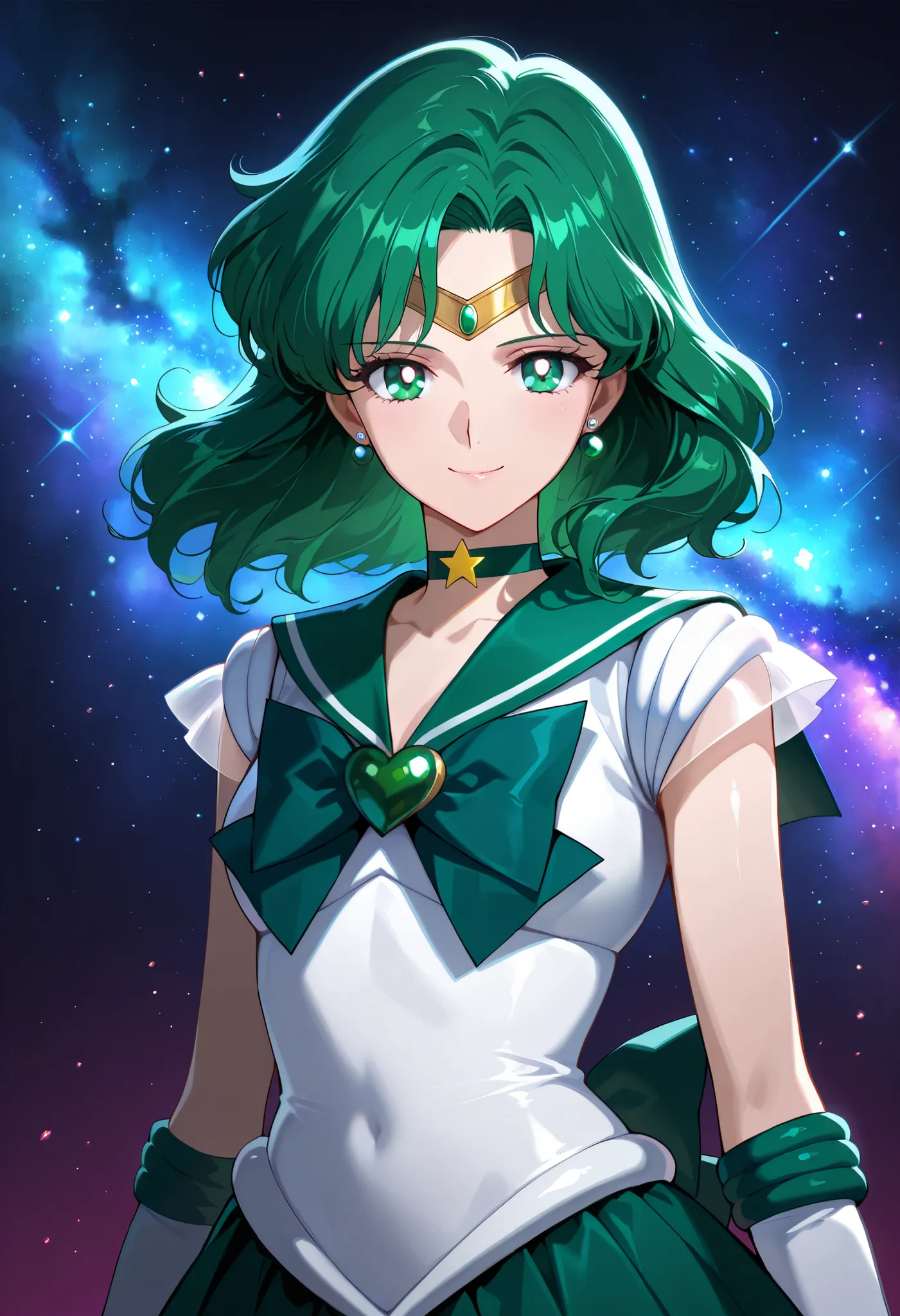 masterpiece, amazing quality, best quality, clear skin, ultra-detailed-eyes, soft skin, very awa, very as2, soft body, official art, michiru kaiou, green eyes, forehead jewel, green hair, medium hair, tiara,brooch, choker, gloves, heart, heart brooch, jewe...