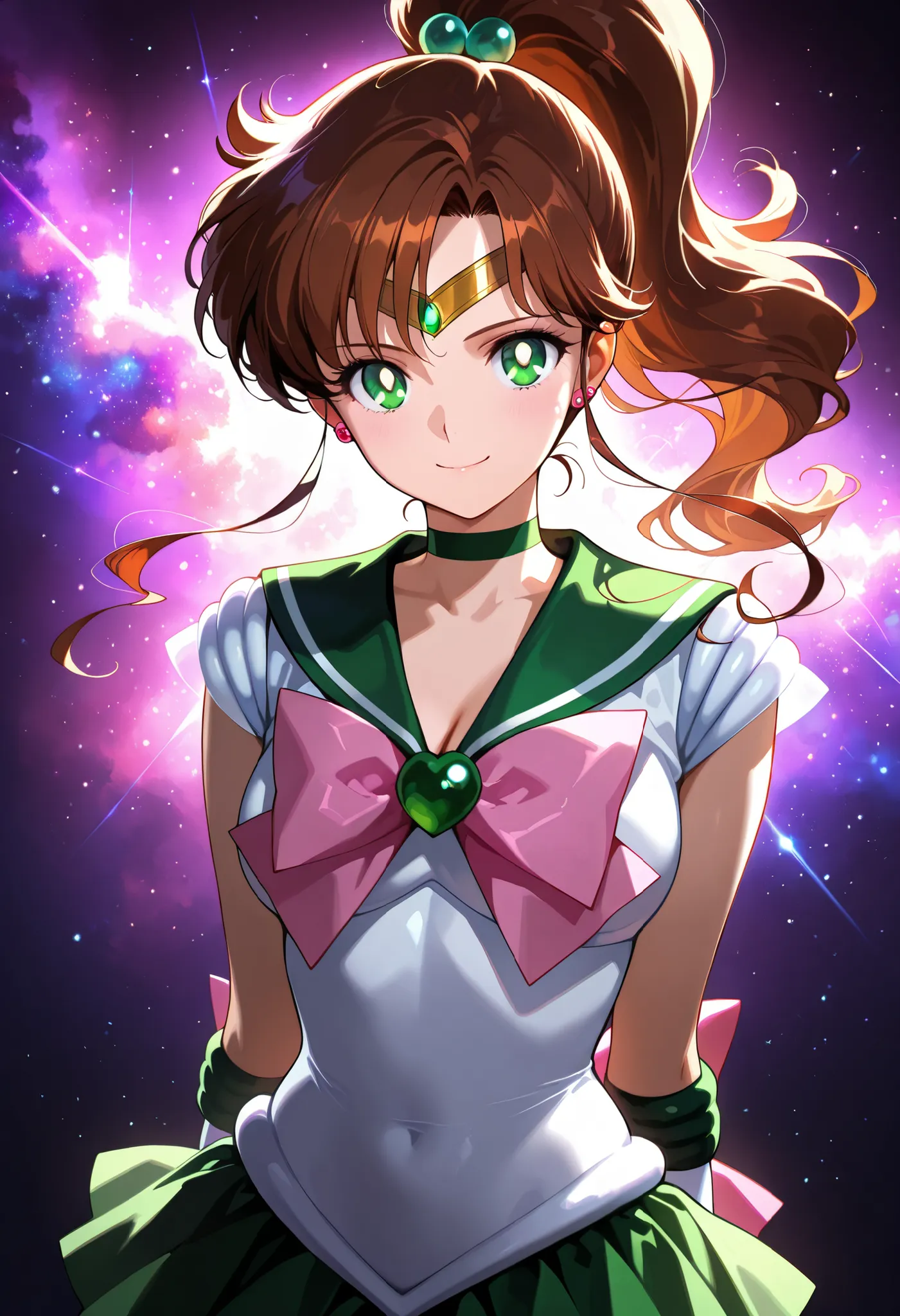 masterpiece, amazing quality, best quality, clear skin, ultra-detailed-eyes, soft skin, very awa, very as2, soft body, official art, sailor jupiter, brown hair, circlet, green eyes, hair bobbles, hair ornament, medium hair, ponytail, sidelocks, parted bang...