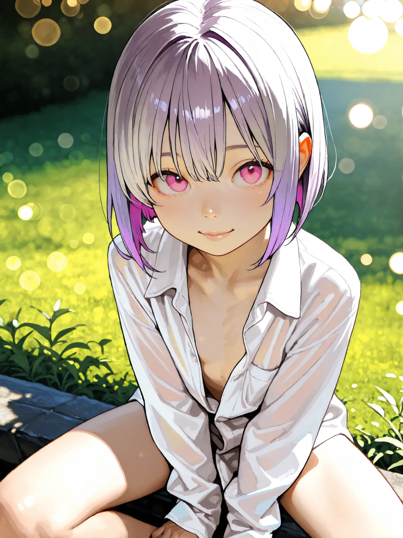 short girl, 1 girl,is young, flat chested,realisticな外観, big pink eyes, short bob、Gradation color purple hair and gray hair、plain shirt、I can see my chest、I can see my chest、sit、She has a lewd appearance.、naked、from above、Outdoors、細部にこだわったrealisticな影、movie...