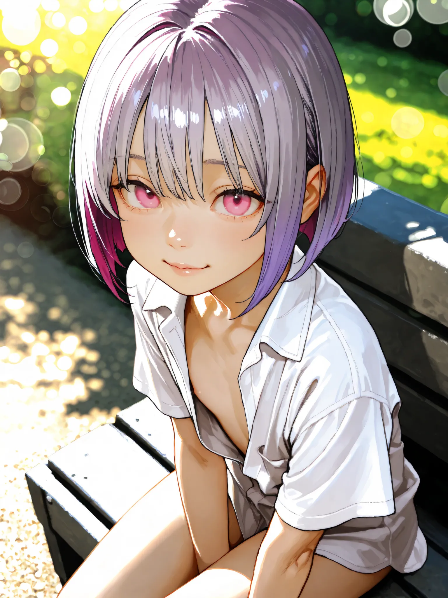 short girl, 1 girl,is young, flat chested,realisticな外観, big pink eyes, short bob、Gradation color purple hair and gray hair、plain shirt、I can see my chest、I can see my chest、sit、She has a lewd appearance.、naked、from above、Outdoors、細部にこだわったrealisticな影、movie...