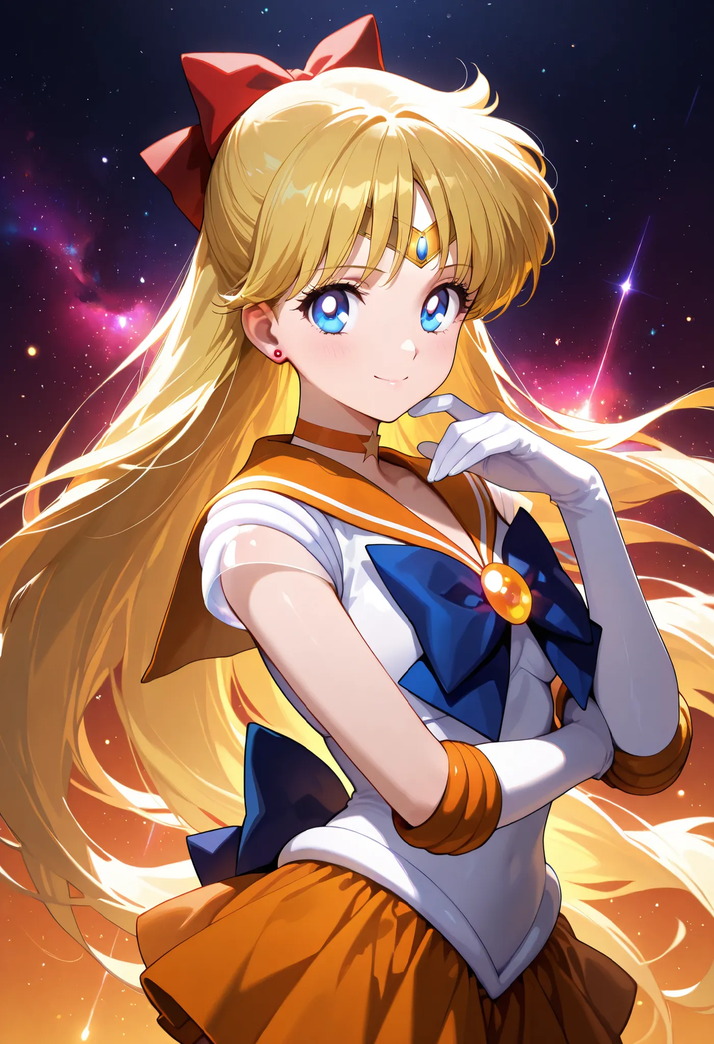 masterpiece, amazing quality, best quality, ultra-detailed, newest, illustration, clear skin, ultra-detailed-eyes, soft skin, very awa, very as2, soft body,  official art, minako aino, blonde hair, blue eyes, bow, hair bow, half updo, long hair, red bow, t...