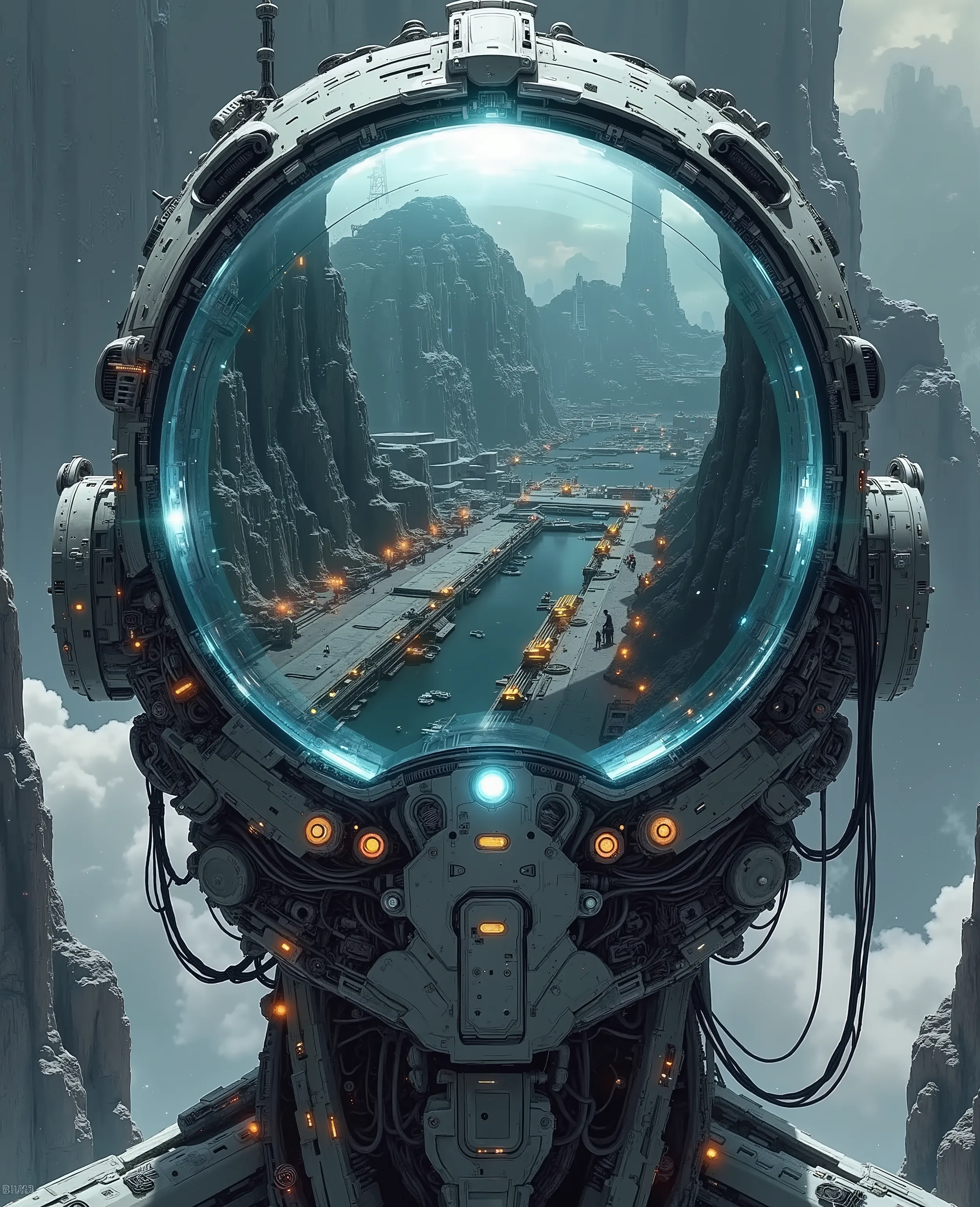 an epic sci-fi space colony, built on a rocky planet, a view of the reflection of an alien cityscape on the front panel of a robot with perfect reflectivity, semi-realistic stylized digital art by the author, Manga-Stil, Cyber-Futurismus, Cyberpunk, highes...
