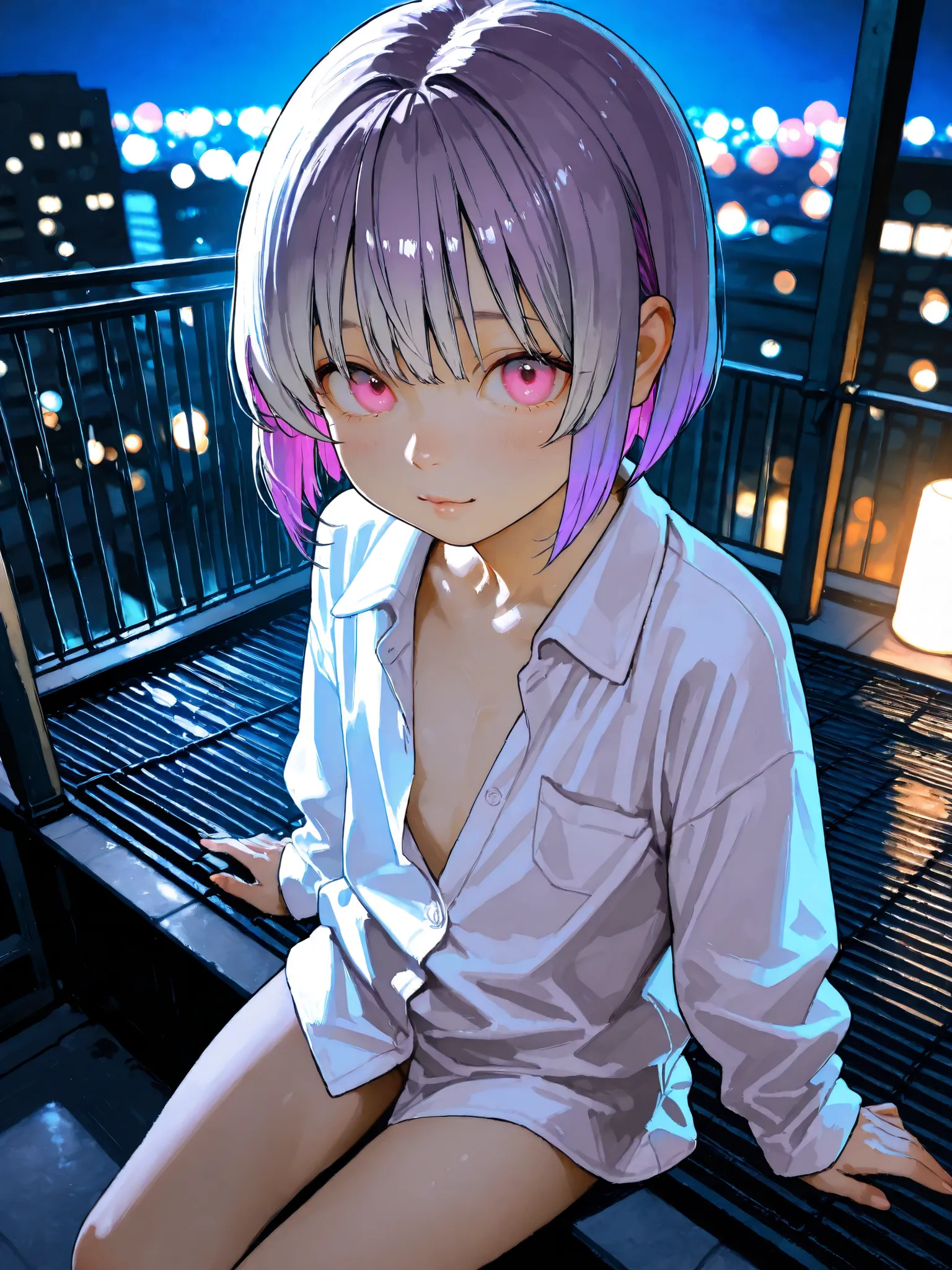 short girl, 1 girl,is young, flat chested,realisticな外観, big pink eyes, short bob、Gradation color purple hair and gray hair、plain shirt、I can see my chest、I can see my chest、sit、She has a lewd appearance.、naked、from above、Outdoors、Building Rooftop、 night v...