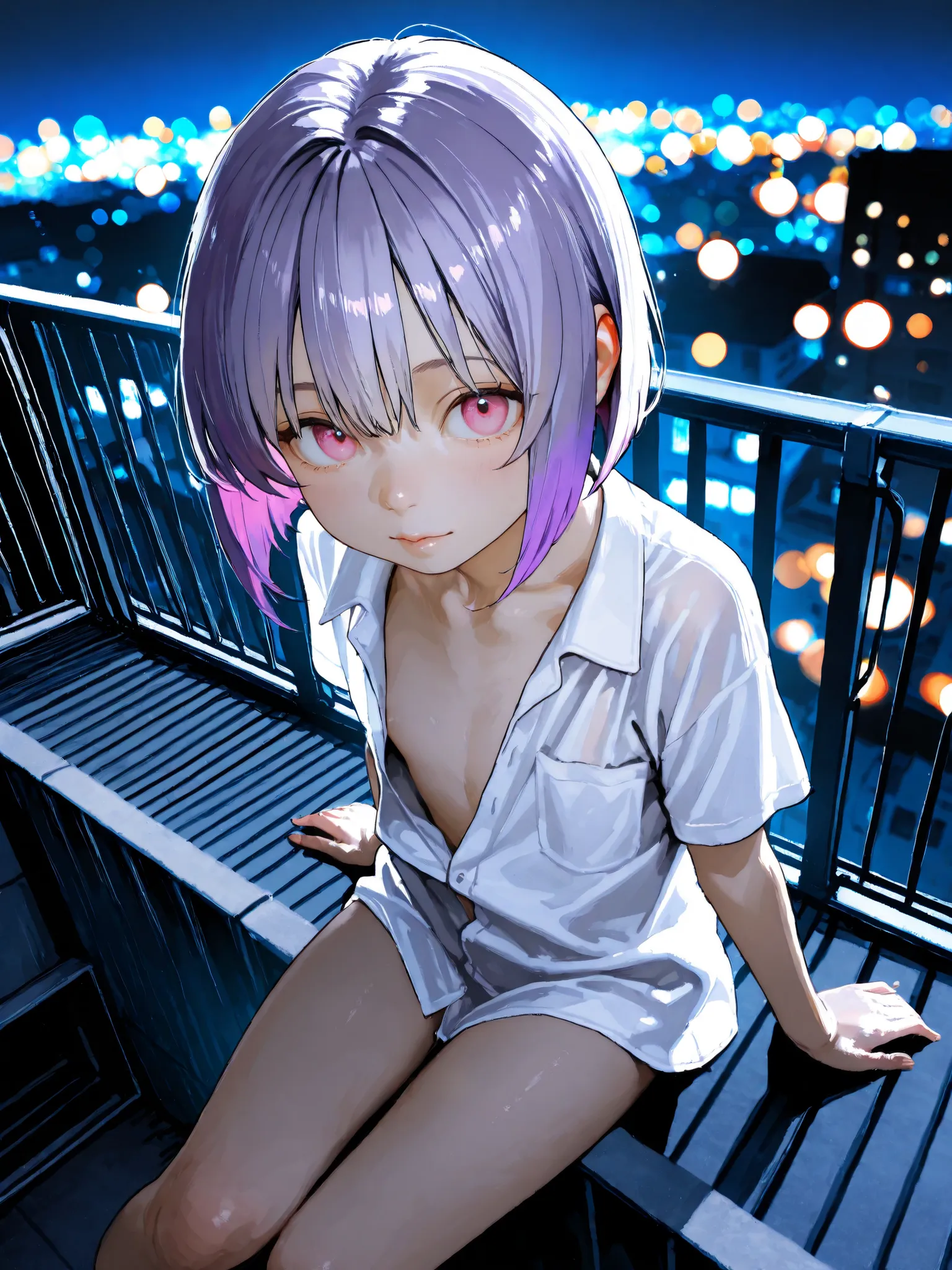 short girl, 1 girl,is young, flat chested,realisticな外観, big pink eyes, short bob、Gradation color purple hair and gray hair、plain shirt、I can see my chest、I can see my chest、sit、She has a lewd appearance.、naked、from above、Outdoors、Building Rooftop、 night v...