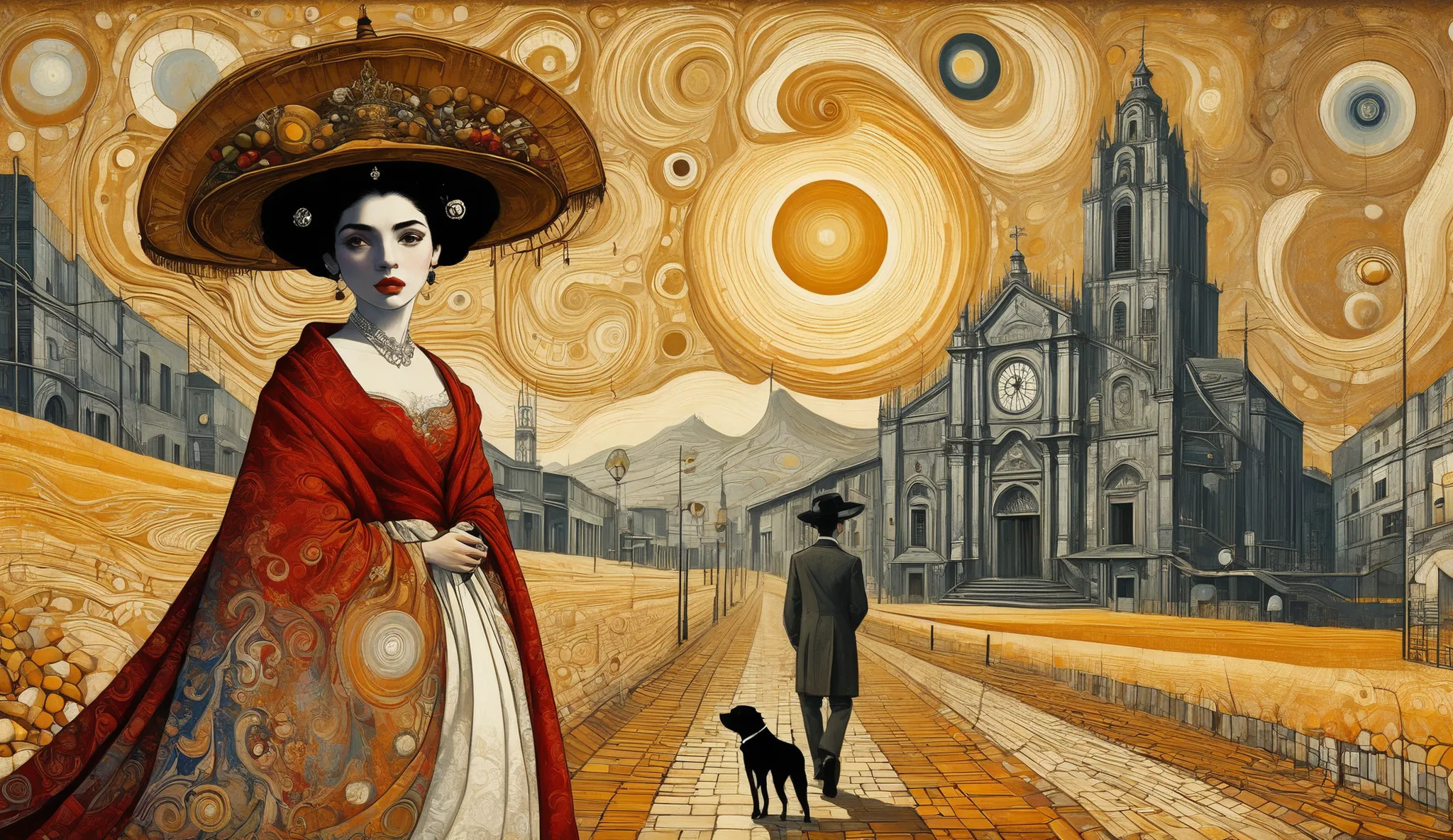 Mixed media art, collage, illustration, a woman and a man and two ren and a dog, a family, by Fede Galizia, by Carlos Sáenz de Tejada, inspired by Carlos Sáenz de Tejada, inspired by Oswaldo Viteri, mulatto, by Almada Negreiros, by Ceferí Olive, by Amelia ...