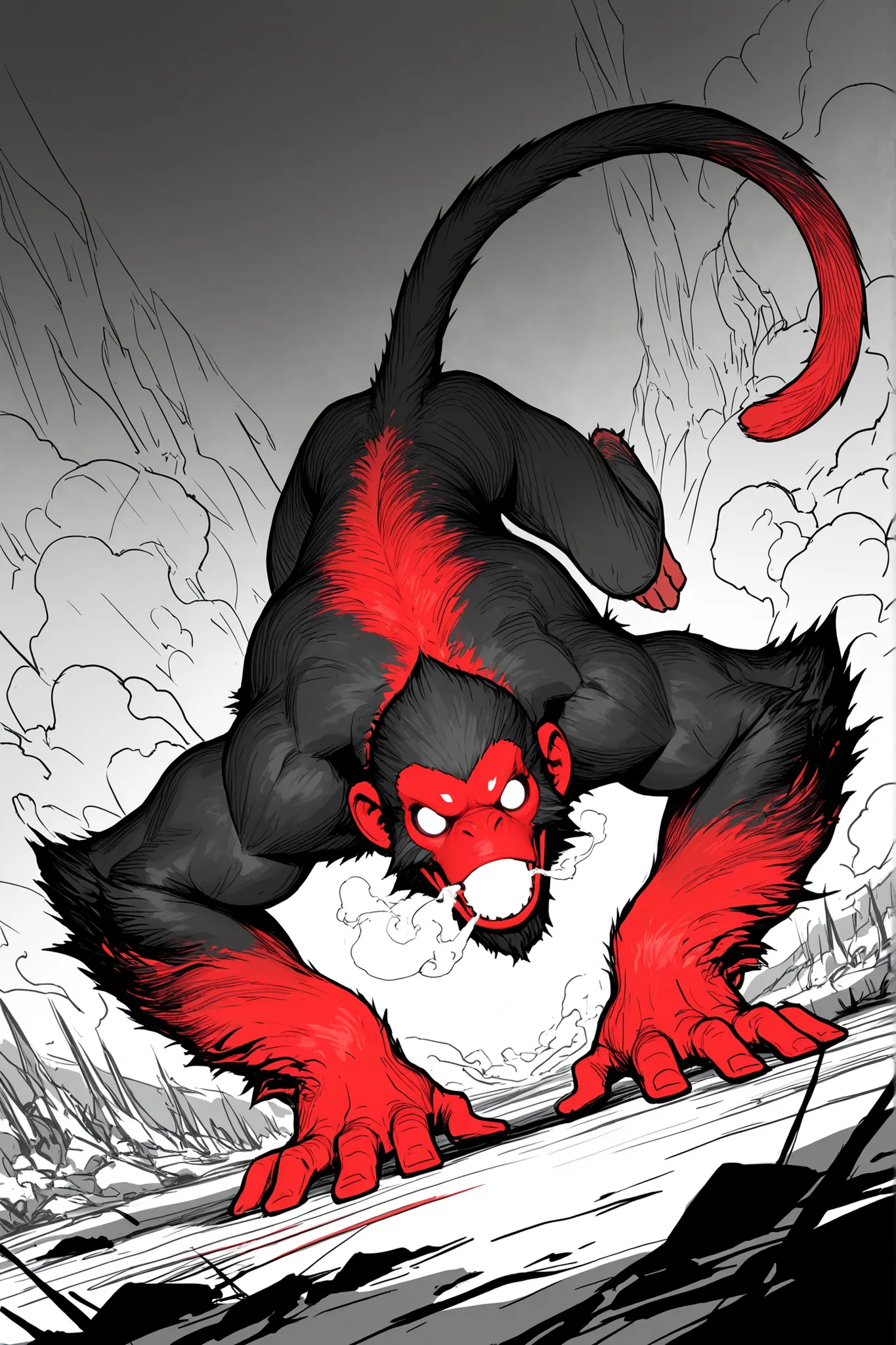 Game monster, sketch, concept art, monkey mandrill, bright color,  Breath steam, black and red furr, white eyes, round eyes , glowing eyes, muscular, on plain white canvas, rough, thin lines, 2d, concepts art, On all fours, large, wide front arms, and smal...