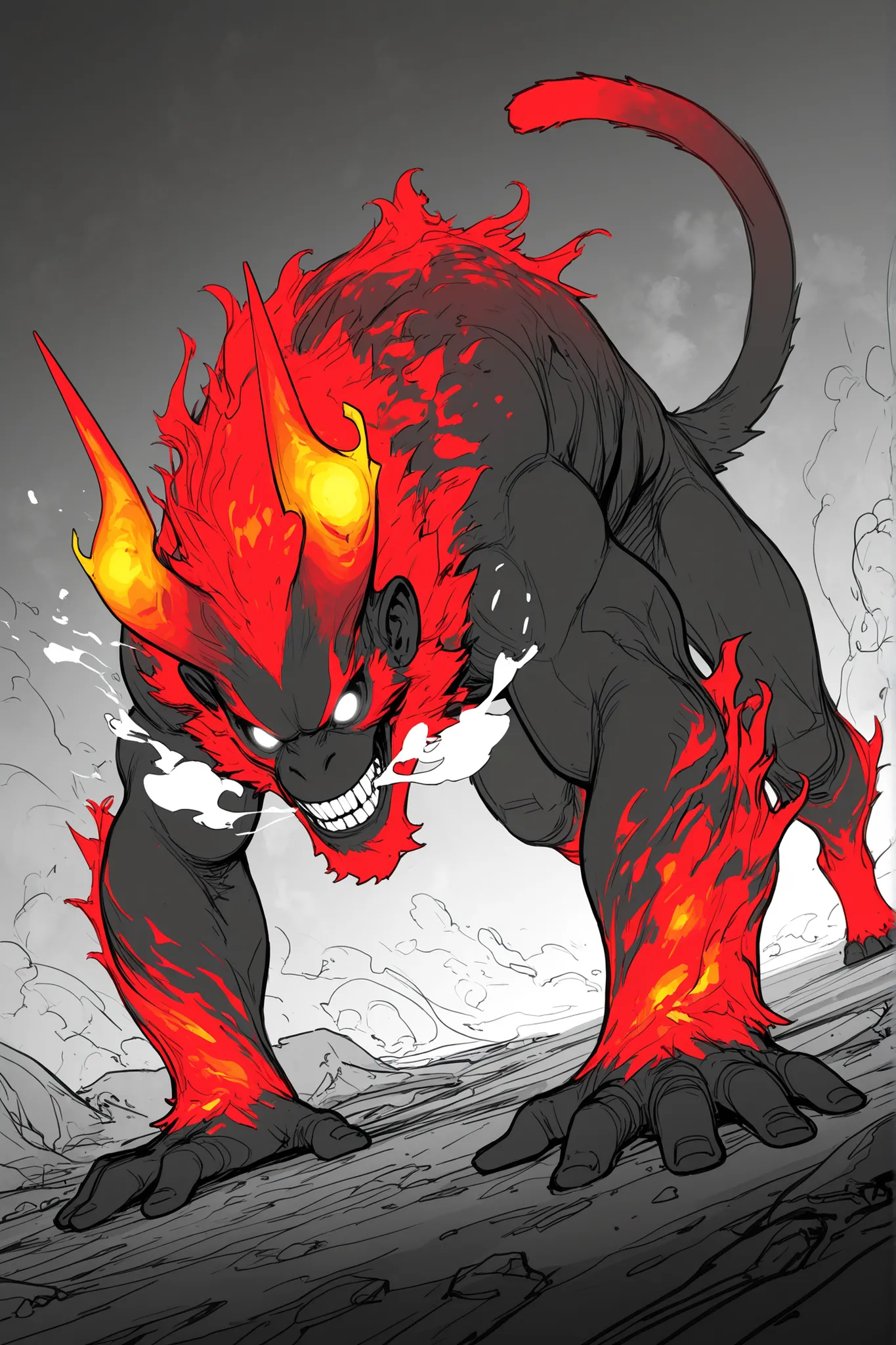 Game monster, sketch, concept art, monkey mandrill, bright color,  Breath steam, black and red furr, white eyes, round eyes , glowing eyes, muscular, on plain white canvas, rough, thin lines, 2d, concepts art, On all fours, large, wide front arms, and smal...