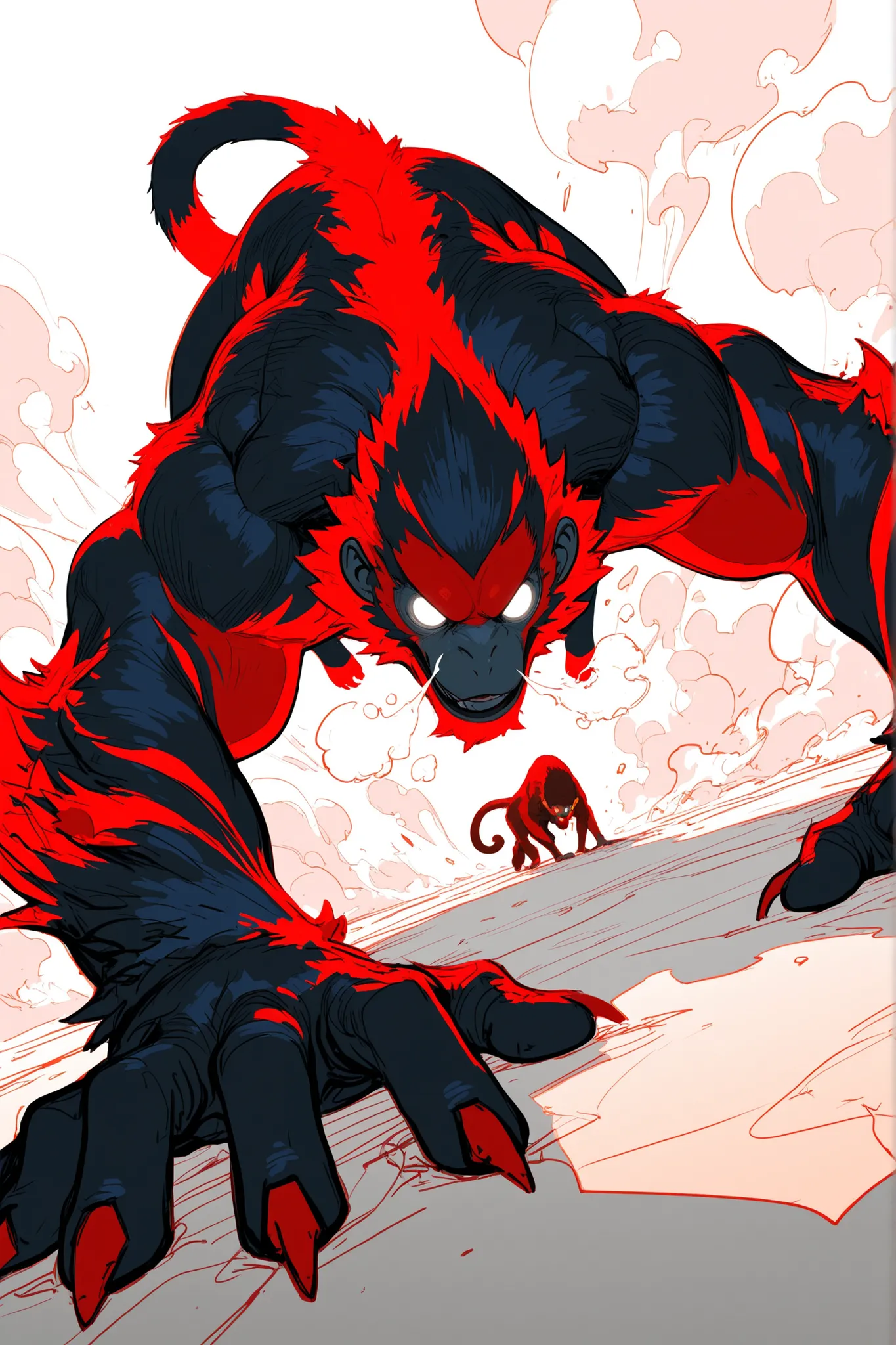 Game monster, sketch, concept art, monkey mandrill, bright color,  Breath steam, black and red furr, white eyes, round eyes , glowing eyes, muscular, on plain white canvas, rough, thin lines, 2d, concepts art, On all fours, large, wide front arms, and smal...