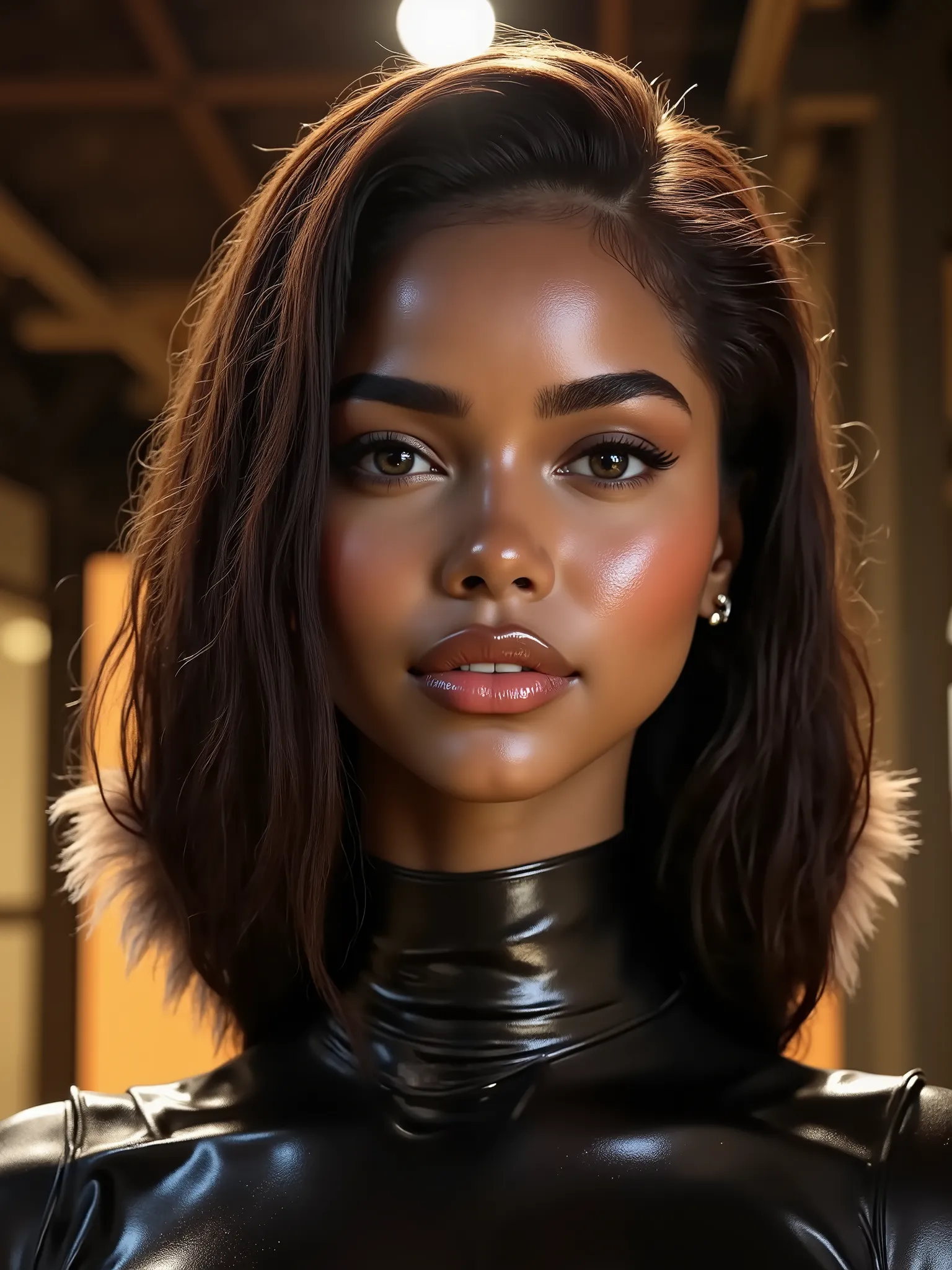 A portrait of a bi-racial woman, (makeup:1.4), amazing body, (fit body:1.2), latex outfit, highly detailed fur, natural skin texture, 4k textures, detailed belly, Highly detailed perfect , Lightroom, Intricate, Ultra-Realistic, Out There, (HDR:1.3), UHD, (...