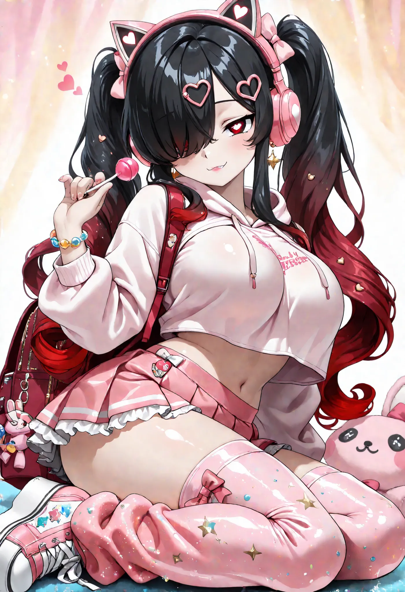 best quality,masterpiece, , 1 girl, Kuroki Monika, red eyes, gradient hair, black hair, red hair, long hair, asymmetrical hairline, hair over right eye, ((large breasts)), (petite but curvy), very cute, lovely, (High twin tails with curled ends), (petite d...