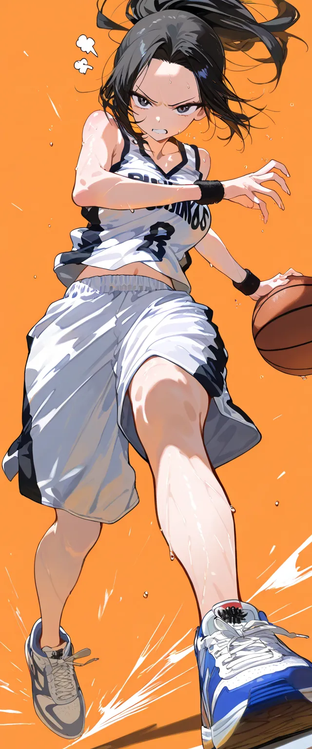 (beautiful girl : 1.3),1 girl,(basketballのユニフォーム,wristband,sneakers,basketball),black hair,ponytail,Forehead,anger, abusive,sweat,jump,basketballのフープ,Dunk Shot, simple color background ,active,dynamic angle,masterpiece,Highest Quality,Rich Contrast,high image quality,8k,High Definition CG Unit Wallpaper,texture,unbelievably absurd, RAW photos ,Deep Boundaries 1 .2,very detailed from below si