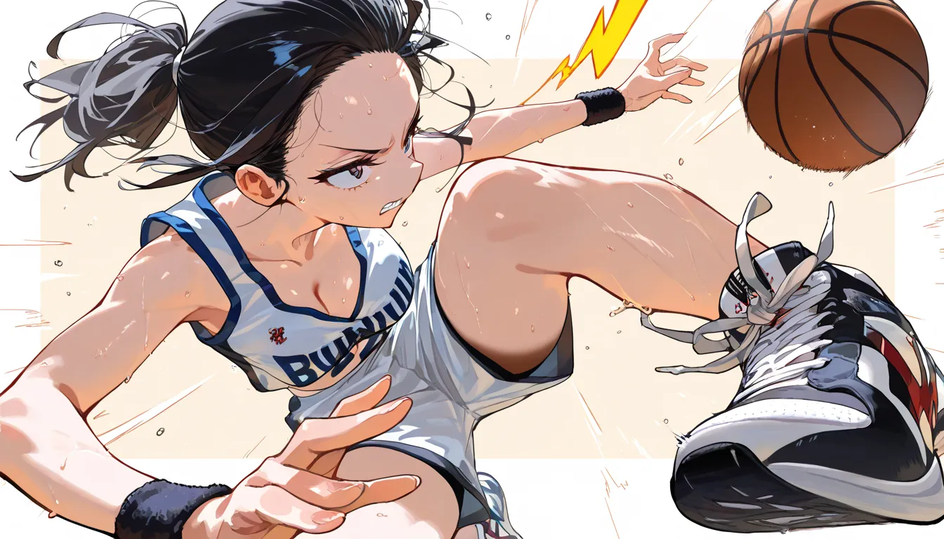 (beautiful girl : 1.3),1 girl,(basketballのユニフォーム,wristband,sneakers,basketball),black hair,ponytail,Forehead,anger, abusive,sweat,jump,basketballのフープ,Dunk Shot, simple color background ,active,dynamic angle,masterpiece,Highest Quality,Rich Contrast,high image quality,8k,High Definition CG Unit Wallpaper,texture,unbelievably absurd, RAW photos ,deep border 1 .2,very detailed from below si