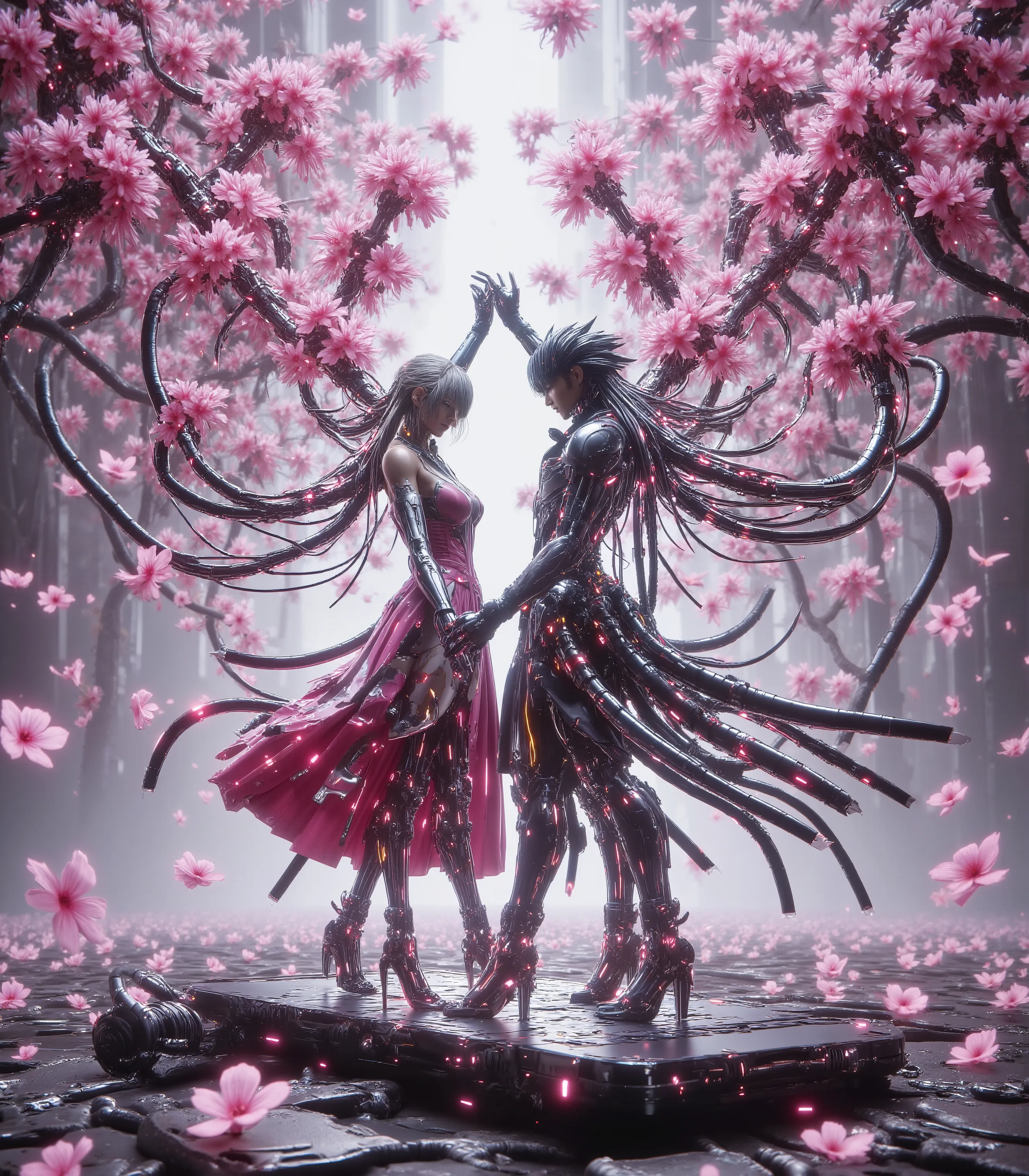 young cyber Tifa and Vaan in cherry blossom sea, detailed cherry blossoms, Meisterwerk, rising cherry blossoms from the mobile phone, Cyber-Schwerttanz, epic cherry blossom cyber blossom swirling, cherry blossom cyber blossom epic rain, final fantasy style...