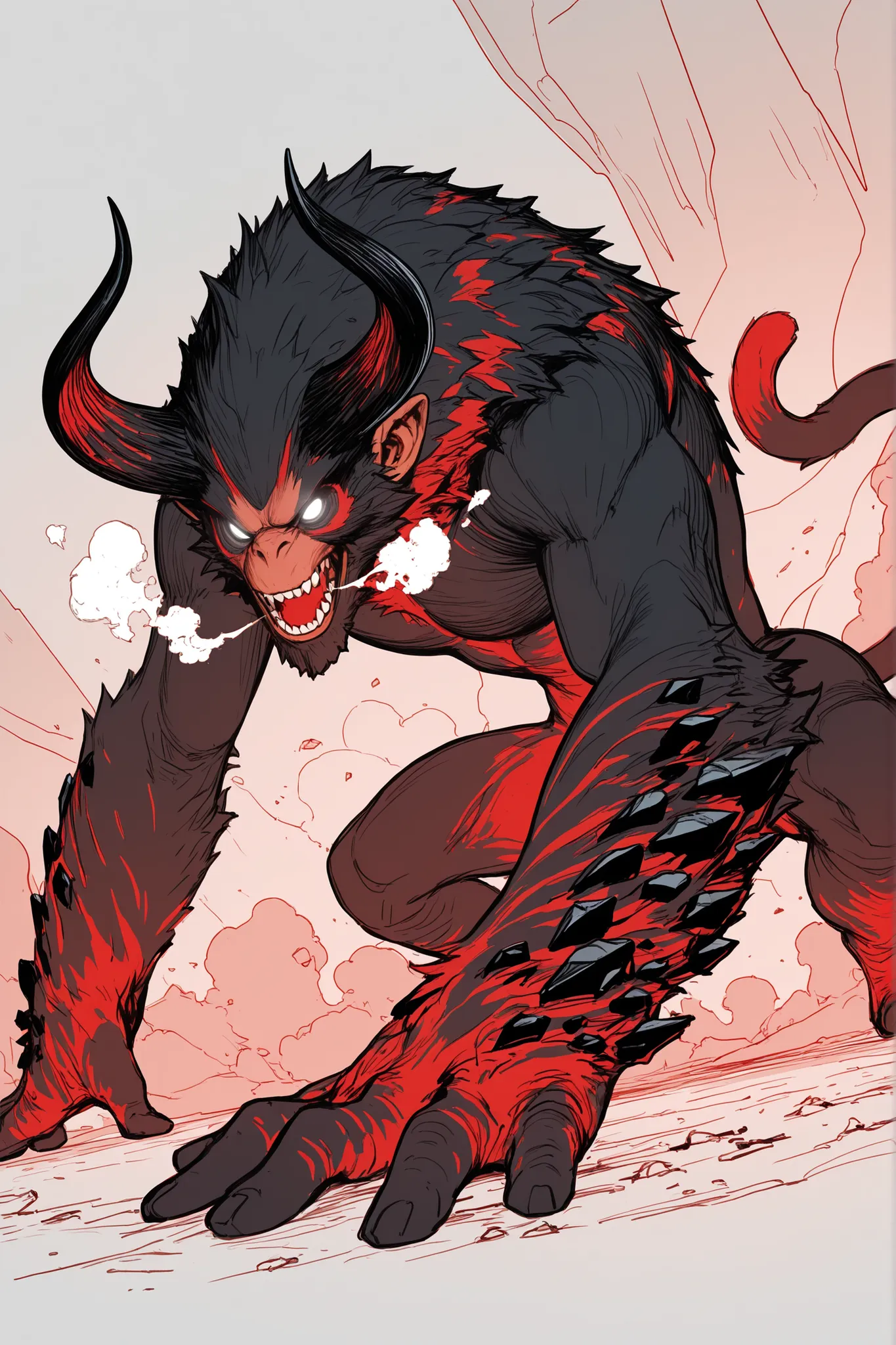 Game monster, sketch, concept art, monkey mandrill, bright color,  Breath steam, black and red furr, white eyes, round eyes , glowing eyes, muscular, on plain white canvas, rough, thin lines, 2d, concepts art, On all fours, large, wide front arms, and smal...