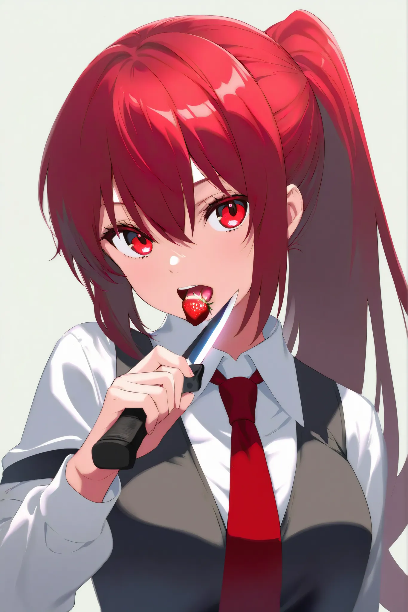 1 girl、ponytail、A、red tie、combat knife in hand、combat ready with strawberries、Red Eyes 、Max Masterpiece、Psycho face、tongue