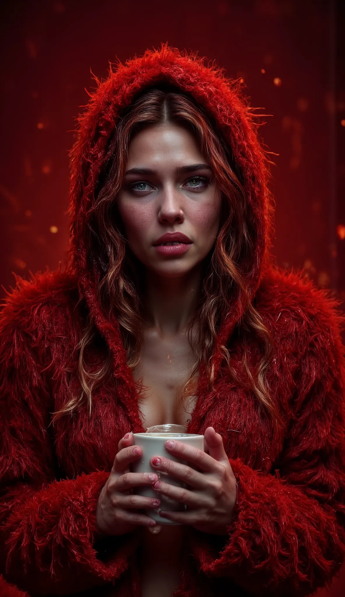 Really epic realistic portrait, very low coloured and low contrast photography, 25 years old pretty sexy sweaty happily sad woman holding cup of coffee red color and white dots with rising smoke, shadows on face, light red background on atelier and sun shi...