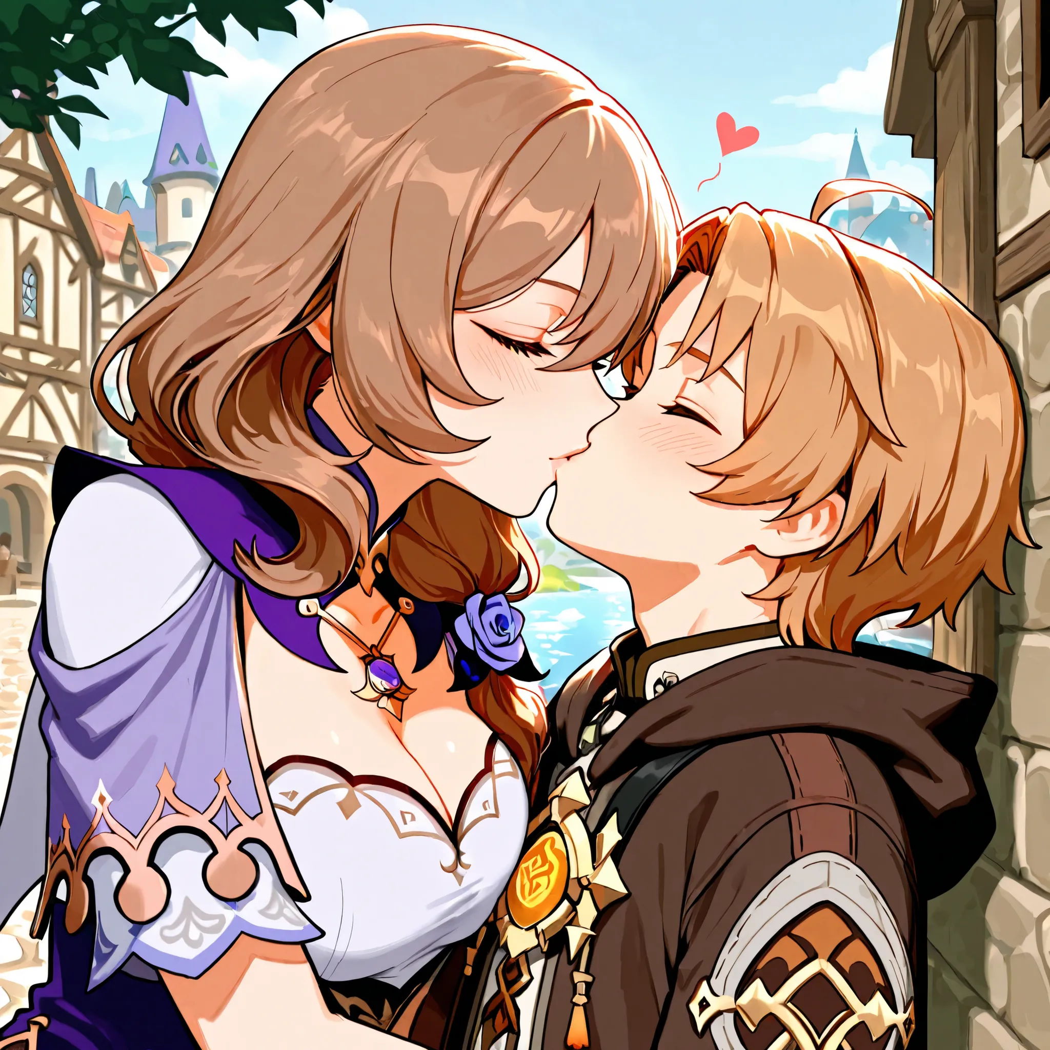 Love couple, older woman with younger man, Rudeus Greyrat and Lisa Genshin Impact, medieval town and river, kissing each other, masterpiece, best quality, High resolution