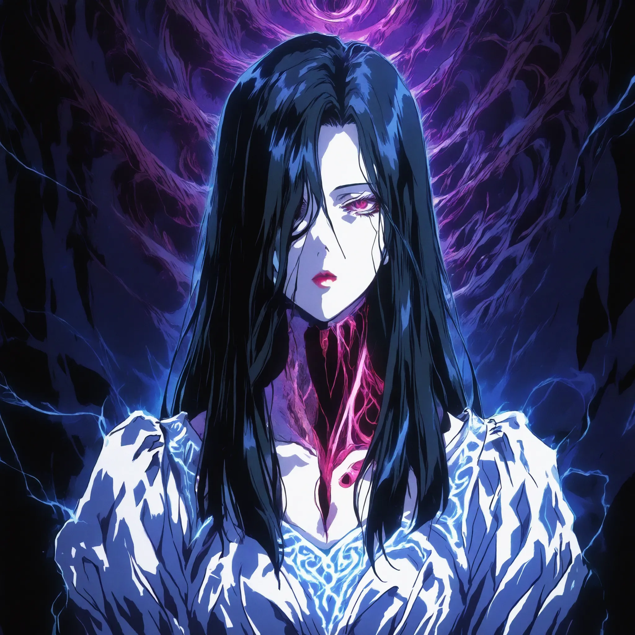 illustration, detailed portrait of a young woman, long black long hair,pale skin,hair over one eye,dirty white dress with sleeves, extreme detail, high contrast, precise linework, twisted body horror, spiral patterns, grotesque tendrils, intricate textures...