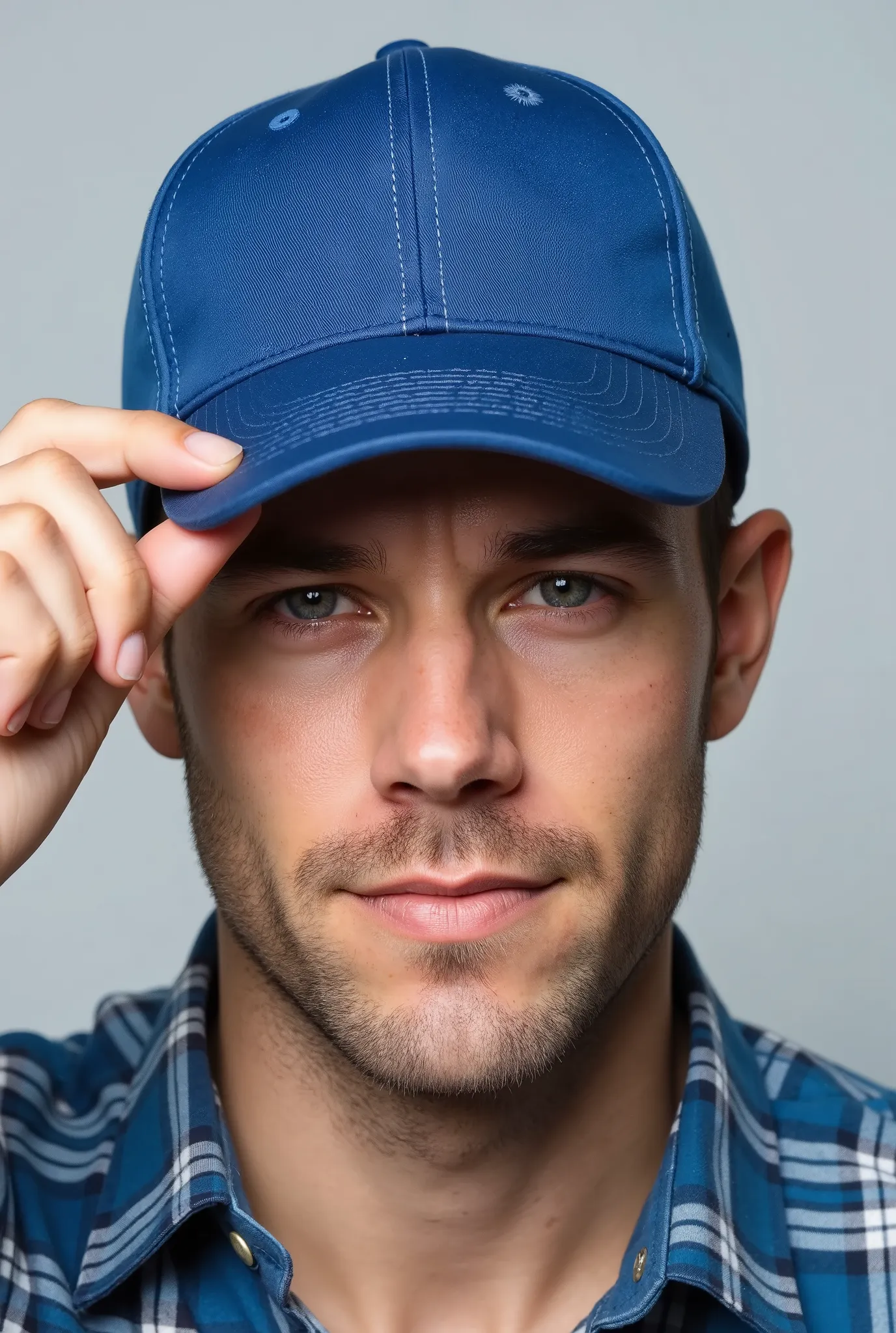 Close-up of a man wearing a simple blue cap and a plaid shirt, while holding the cap brim with one hand.  The background is simple and light gray .  His expression is relaxed , and his face is partially obscured by the cap. The image has clean lighting and...
