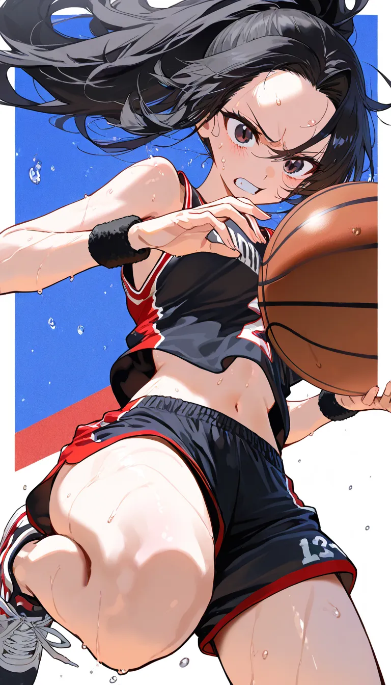 (beautiful girl : 1.3),1 girl,(basketballのユニフォーム,wristband,sneakers,basketball),black hair,ponytail,Forehead,anger, abusive,sweat,jump,basketballのフープにダンクシュートを決める, simple color background ,active,dynamic angle,masterpiece,Highest Quality,Rich Contrast,high image quality,8k,High Definition CG Unit Wallpaper,texture,unbelievably absurd, RAW photos ,deep border 1 .2,very detailed from below si