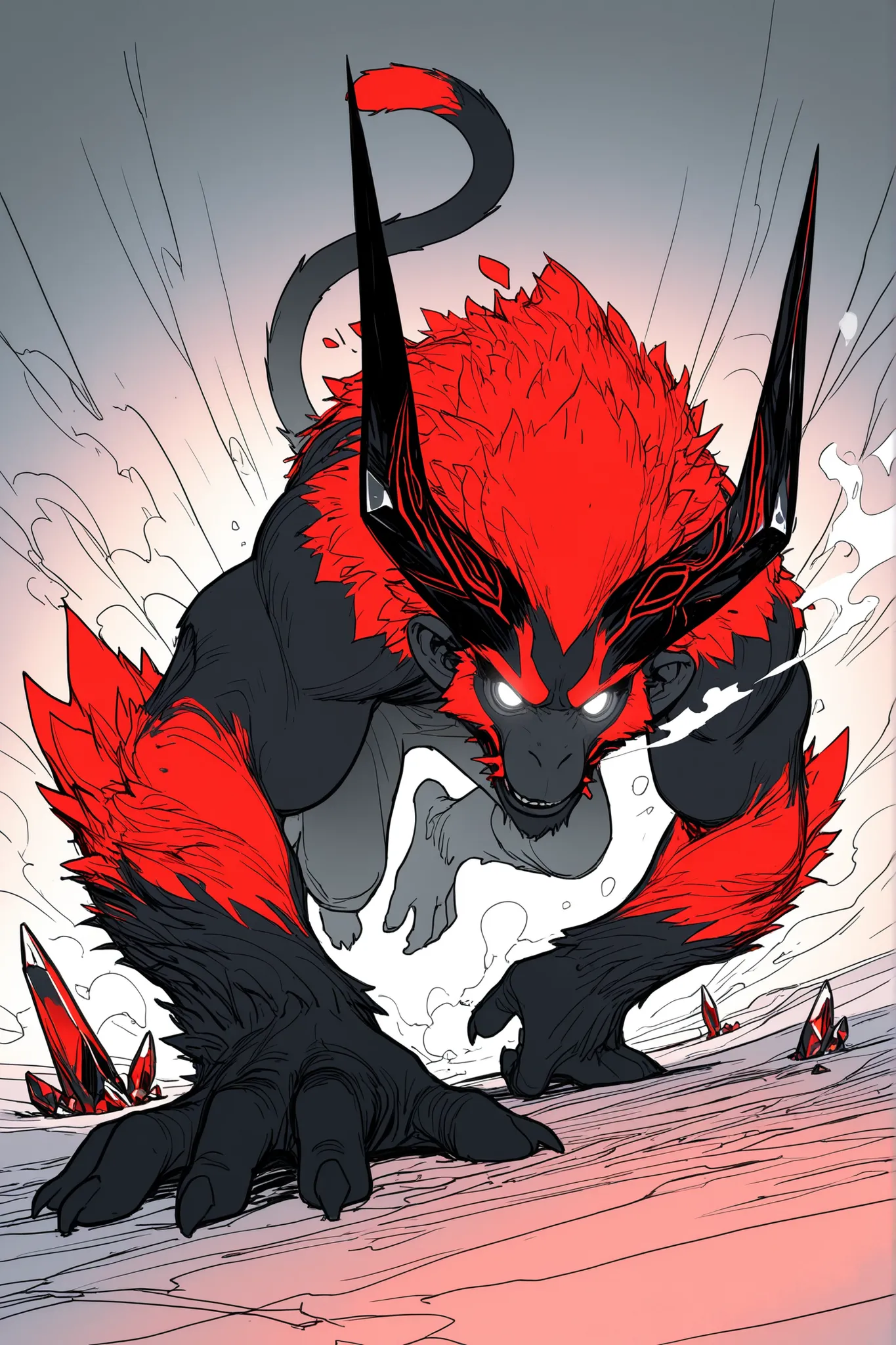 Game monster, sketch, concept art, monkey mandrill, bright color,  Breath steam, black and red furr, white eyes, round eyes , glowing eyes, muscular, on plain white canvas, rough, thin lines, 2d, concepts art, On all fours, large, wide front arms, and smal...