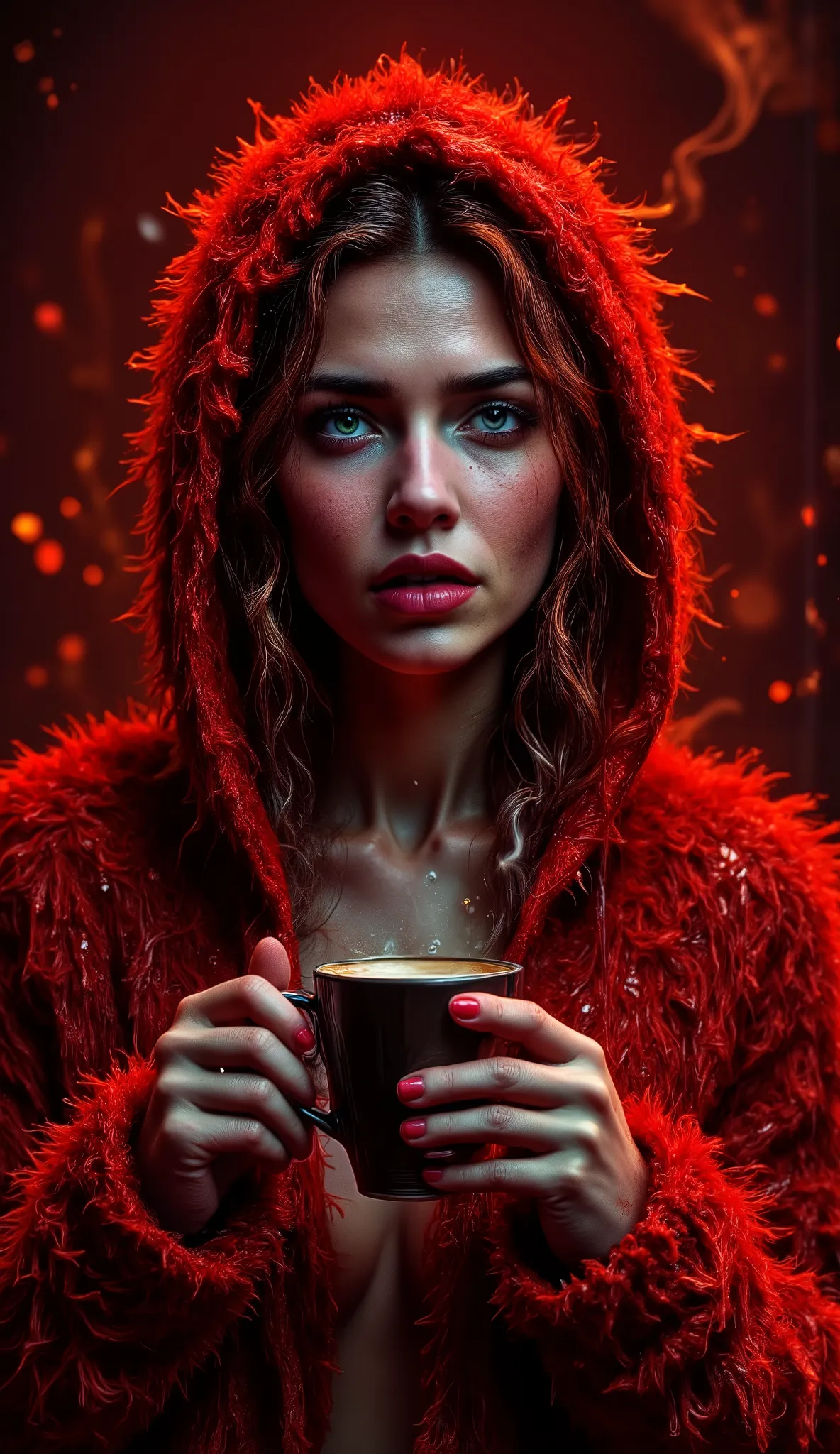 Really epic realistic portrait, very low coloured and low contrast photography, 25 years old pretty sexy sweaty happily sad woman holding cup of coffee red color and white dots with rising smoke, shadows on face, light red background on atelier and sun shi...