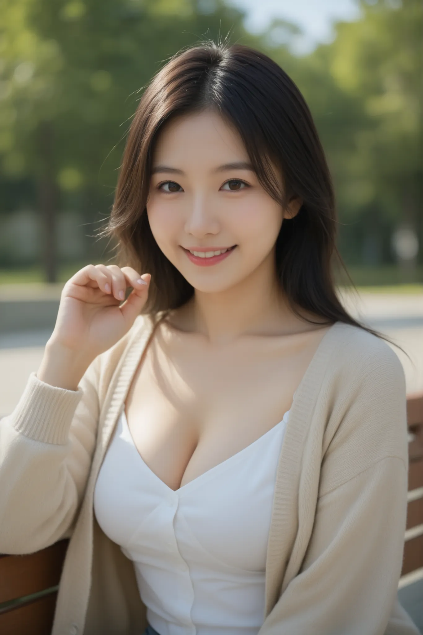  mature girlfriend  、  clear  、virgin、28 years old、 random pose、Close-up of breasts、 shoulder-length hair  、 shapely breasts、 BRIGHT 、  sitting has a smiling face、 Japanese 、  cardigan with hands、 realistic feel、In the park