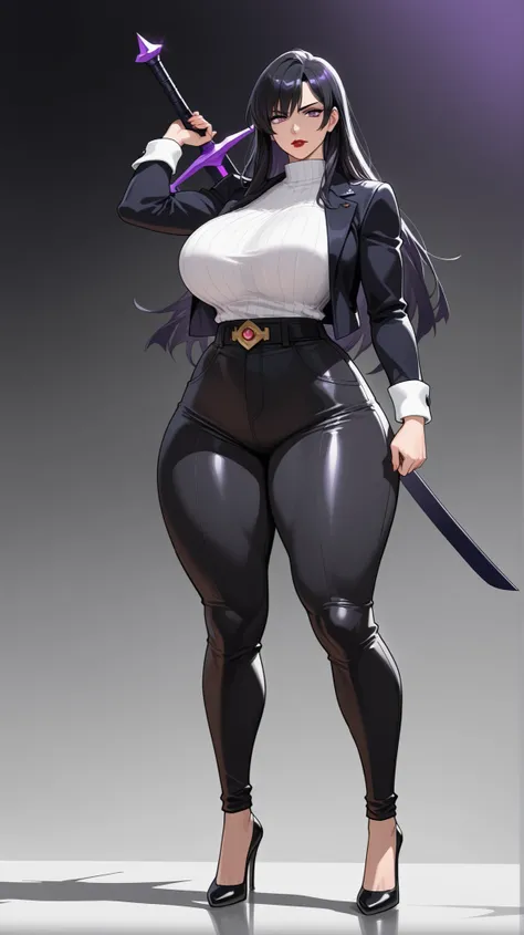 1 woman, Purple eyes, Almond-Shaped eyes, black tights pants, raven hair, long hair, black hair,  sword in the back, Oversized Upper fight Gi, red lips, Tall, thick thighs, big breasts, High heels, mature face, Big sister's vibes