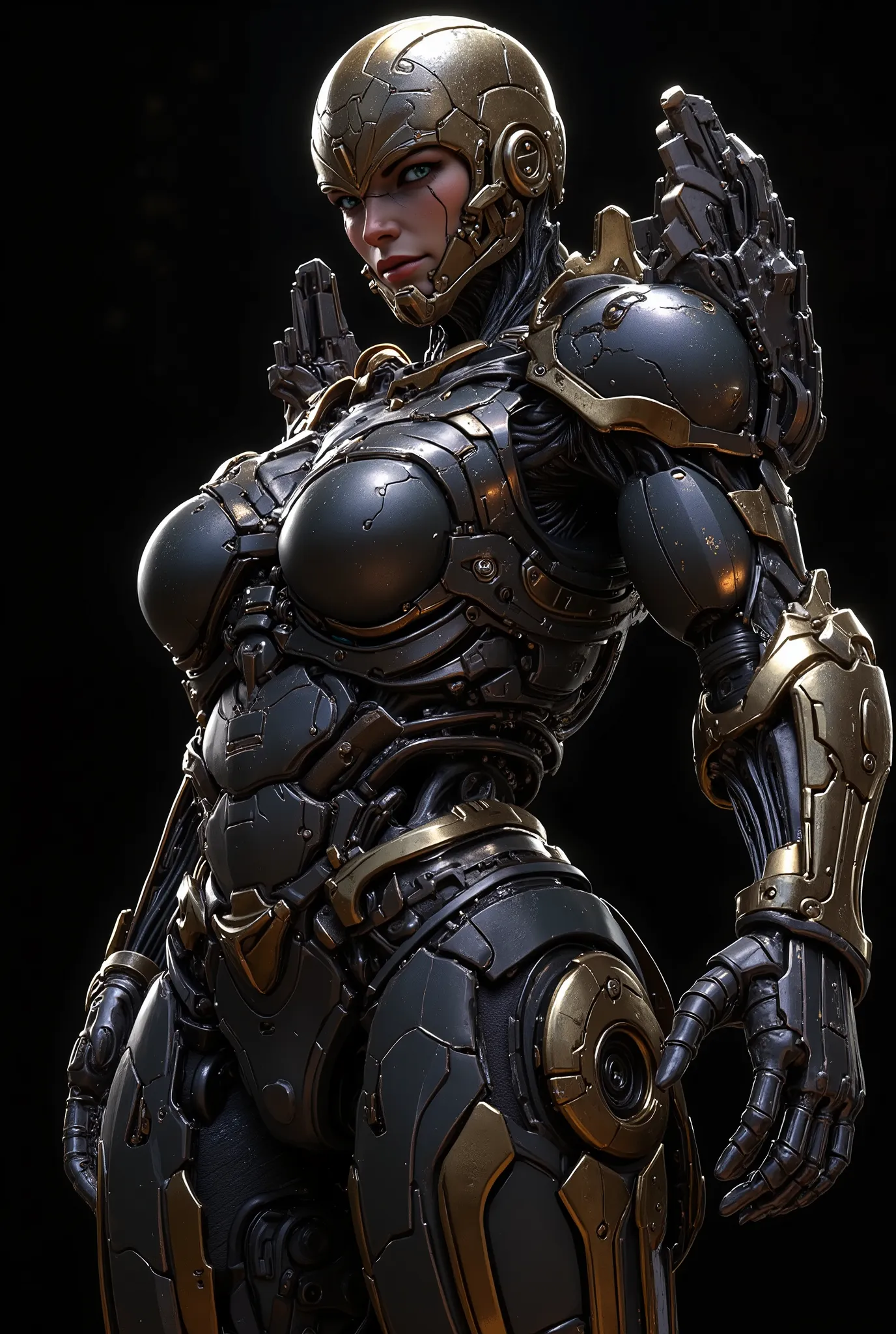 Female Sexy Robo, Female Curvy Armored Suit, Missile Pod on the Chest, Highly detailed mech, Beautiful Female Robot, battle pose, Complex Mechanical Armor, Shining Metal Texture, Precise Machine Parts, Electronic Circuitry and Wiring, Powerful Expression, ...
