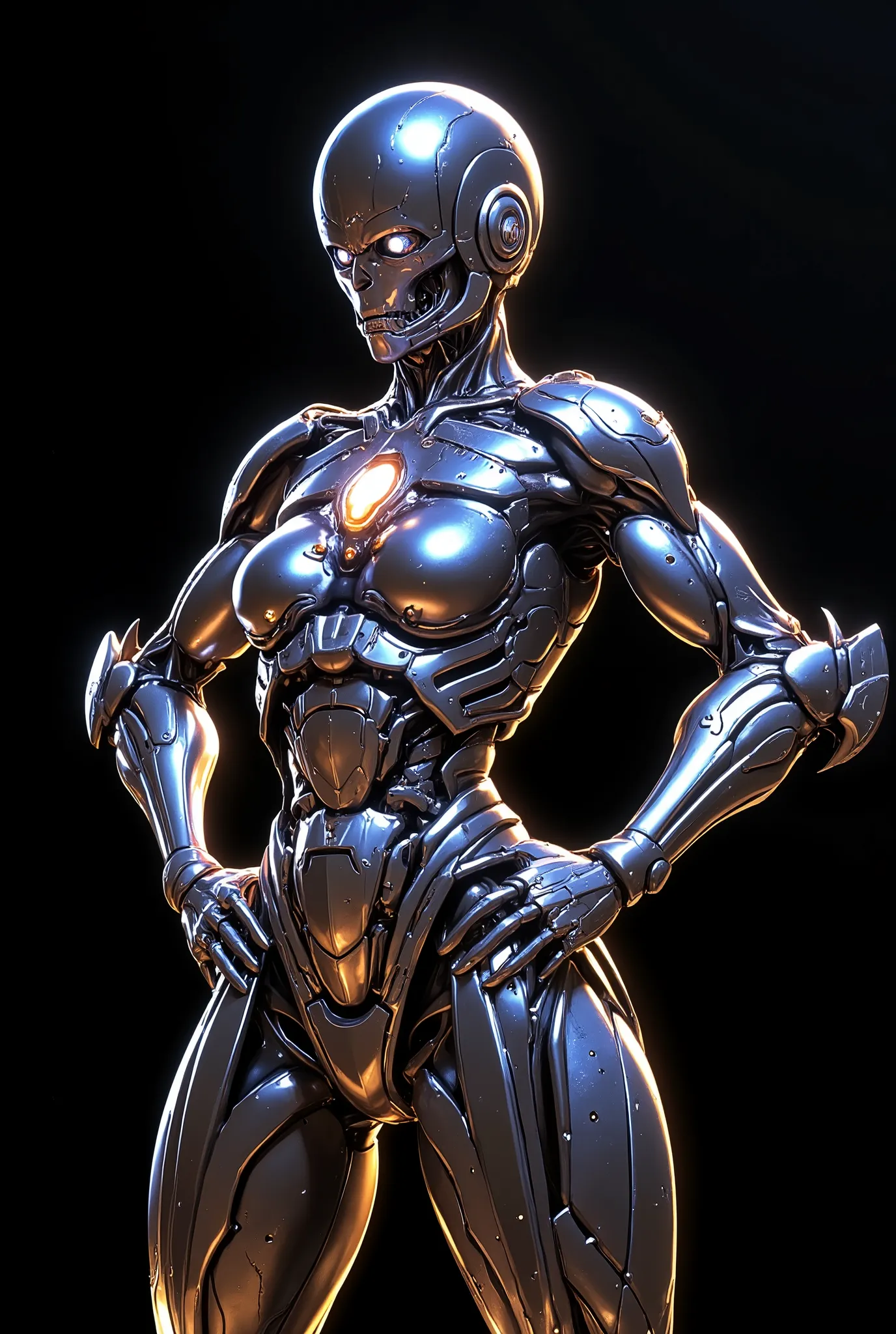 Female Sexy Robo, Female Curvy Armored Suit, Missile Pod on the Chest, Highly detailed mech, Beautiful Female Robot, battle pose, Complex Mechanical Armor, Shining Metal Texture, Precise Machine Parts, Electronic Circuitry and Wiring, Powerful Expression, ...